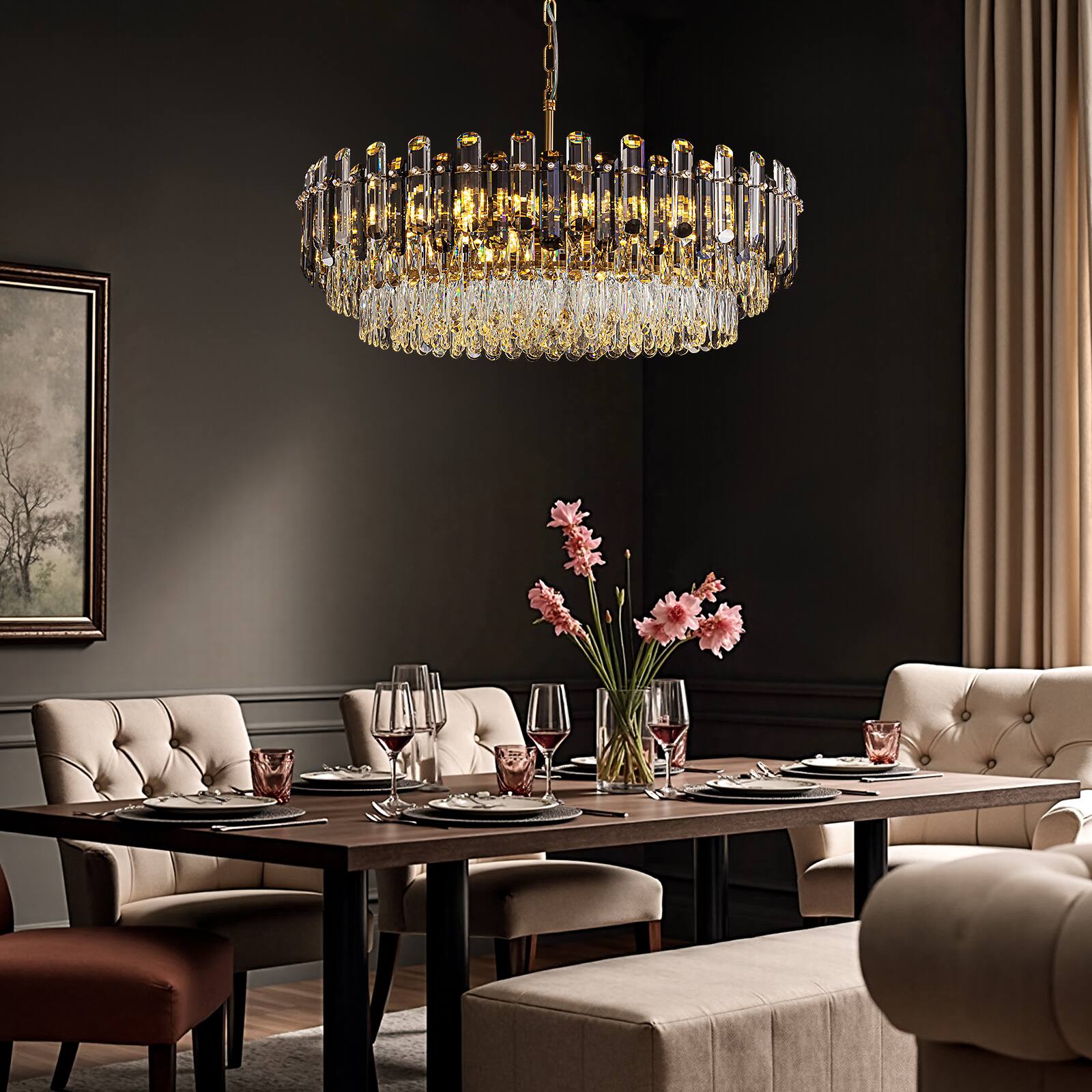 Left. Siljoy - 31.5" 20-Light Gold Brass Crystal Chandelier, Modern Luxury Light for Dining Room Living Room Bedroom Foyer - Gold Brass.