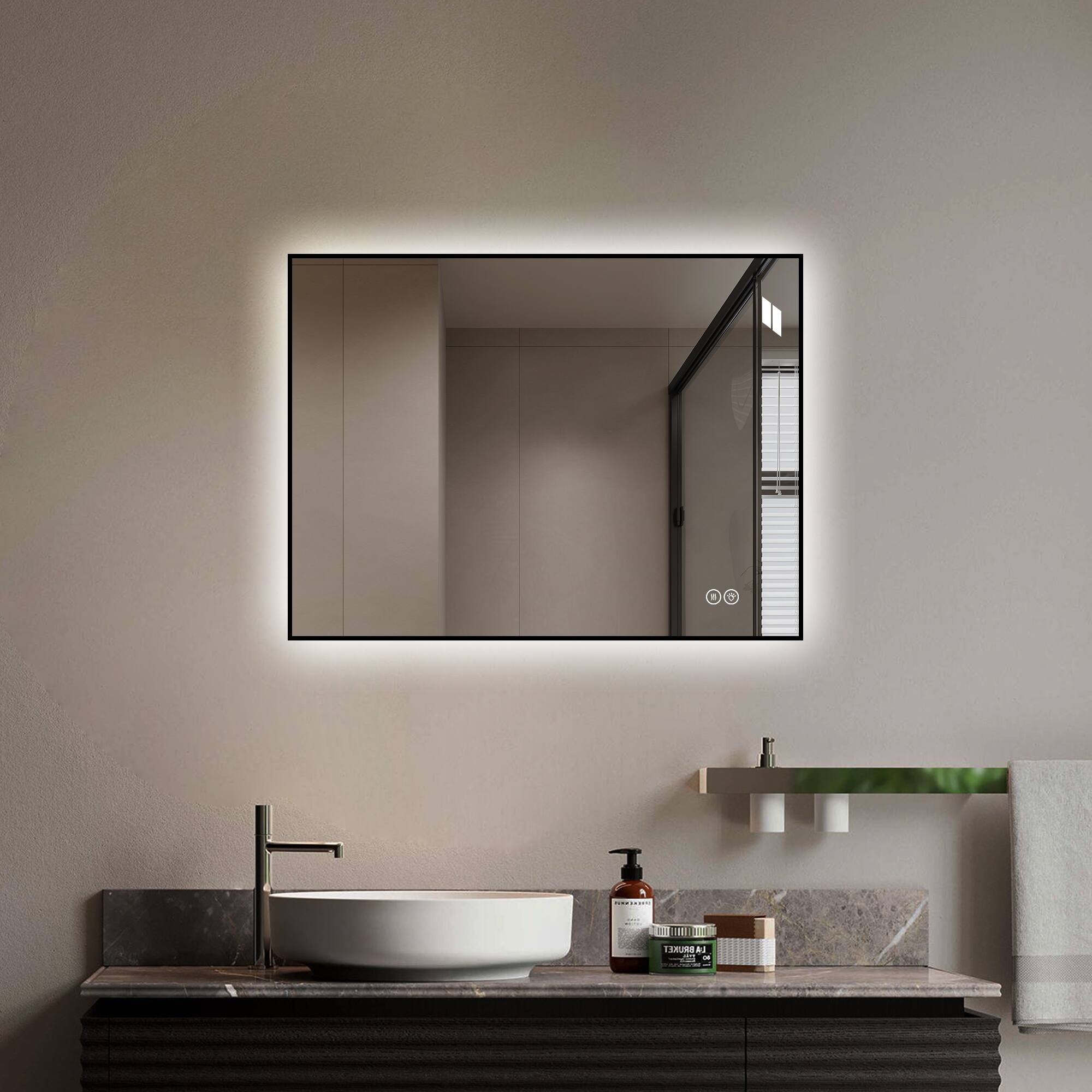 Angle. Boyel Living - 24 in x 32 in Aluminum-Framed LED Backlit Bathroom Mirror with Anti-Fog - Silver.