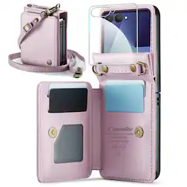 Dteck - for Samsung Galaxy Z Flip8 Case with Screen Protector, PU Leather Crossbody Wallet with RFID Blocking Credit Card Holder - Pink