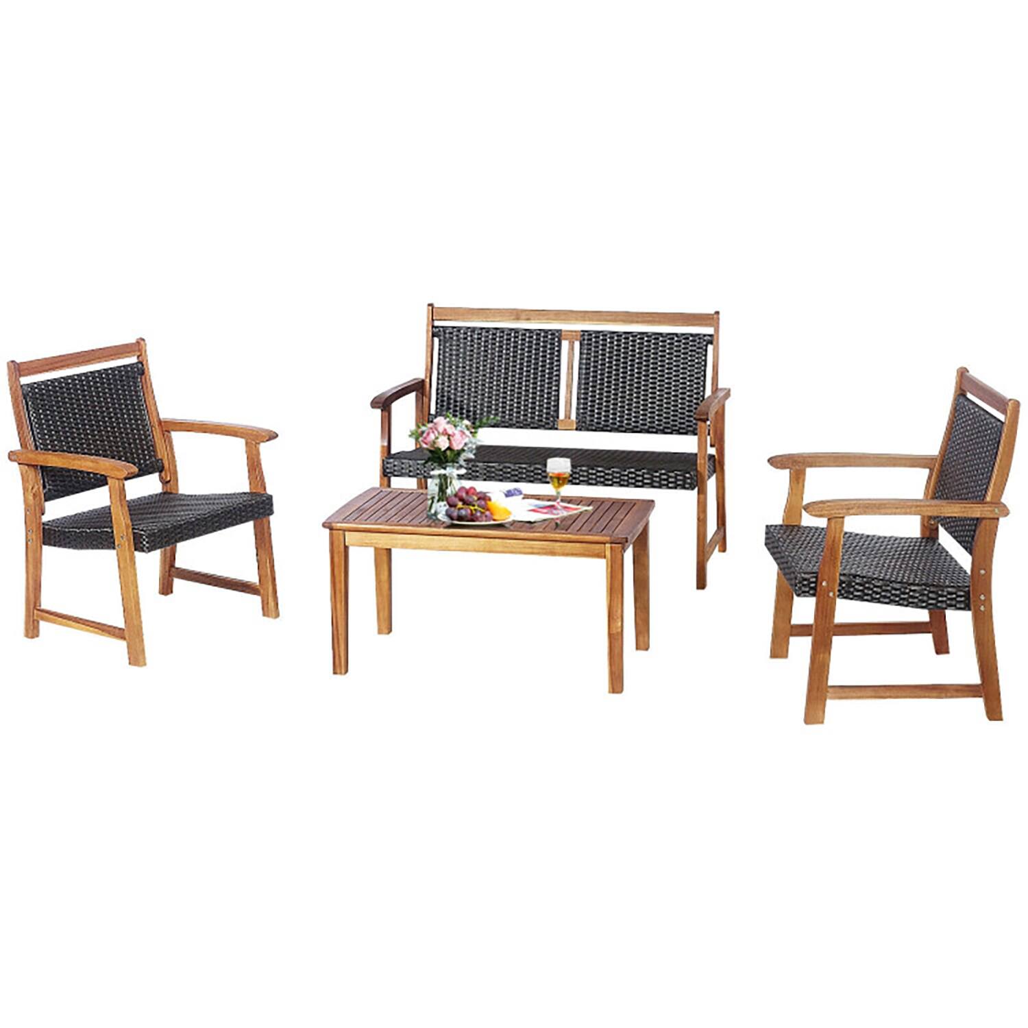 Alt View 2. Kadyn - 4 Pcs Outdoor Patio Rattan Furniture Sofa Set, Outdoor Furniture Garden Conversation Bistro Sets with Acacia Wood Frame - Brown.