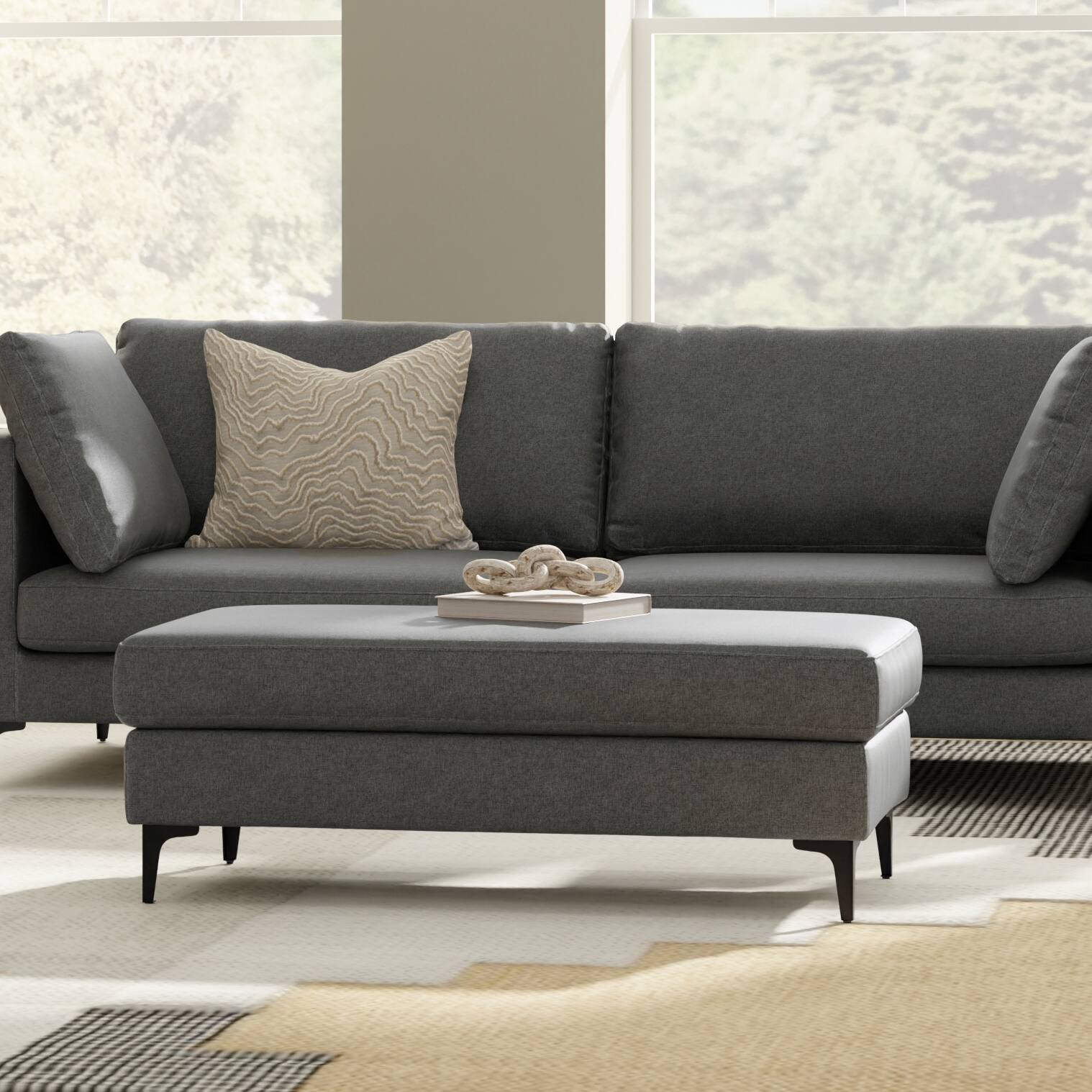 Angle. Simpli Home - Ava Large Rectangular Ottoman in Tightly Woven Performance Fabric - Pebble Grey.