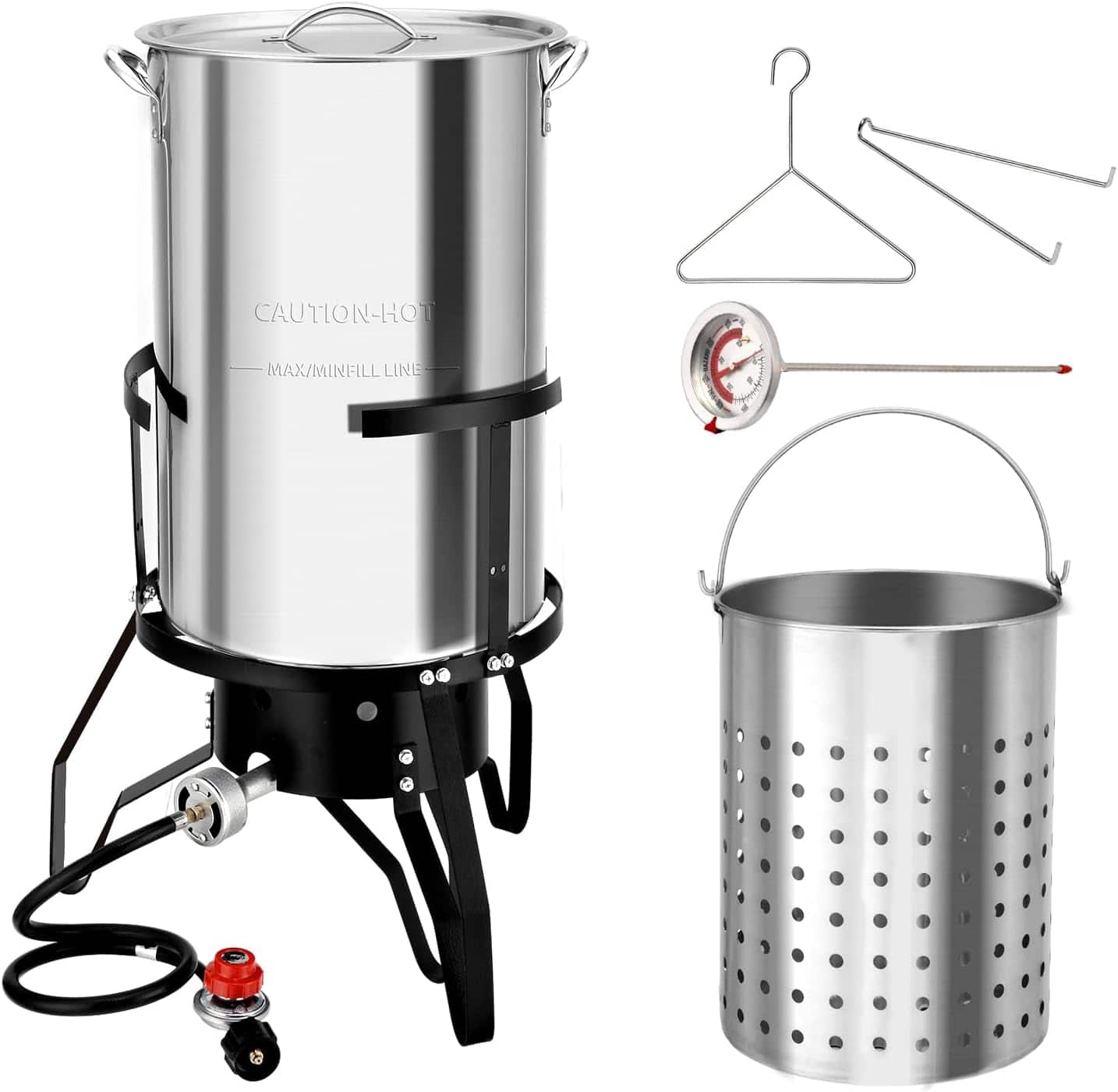 Winado - 2PCS 50QT Turkey Fryer with Propane Stove Stand, Aluminum Deep Fryer, Basket, Lifting Hook for Outdoor Camping Cooking - Silver