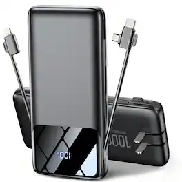 Trigiz - 10000mAh Portable Charger with AC Wall Plug & Built-in Cable, 15W Fast Charging Slim USB C Battery Pack - Black