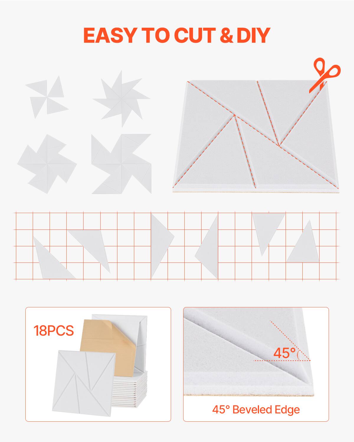 EASY TO CUT & DIY

18PCS

45° Beveled Edge