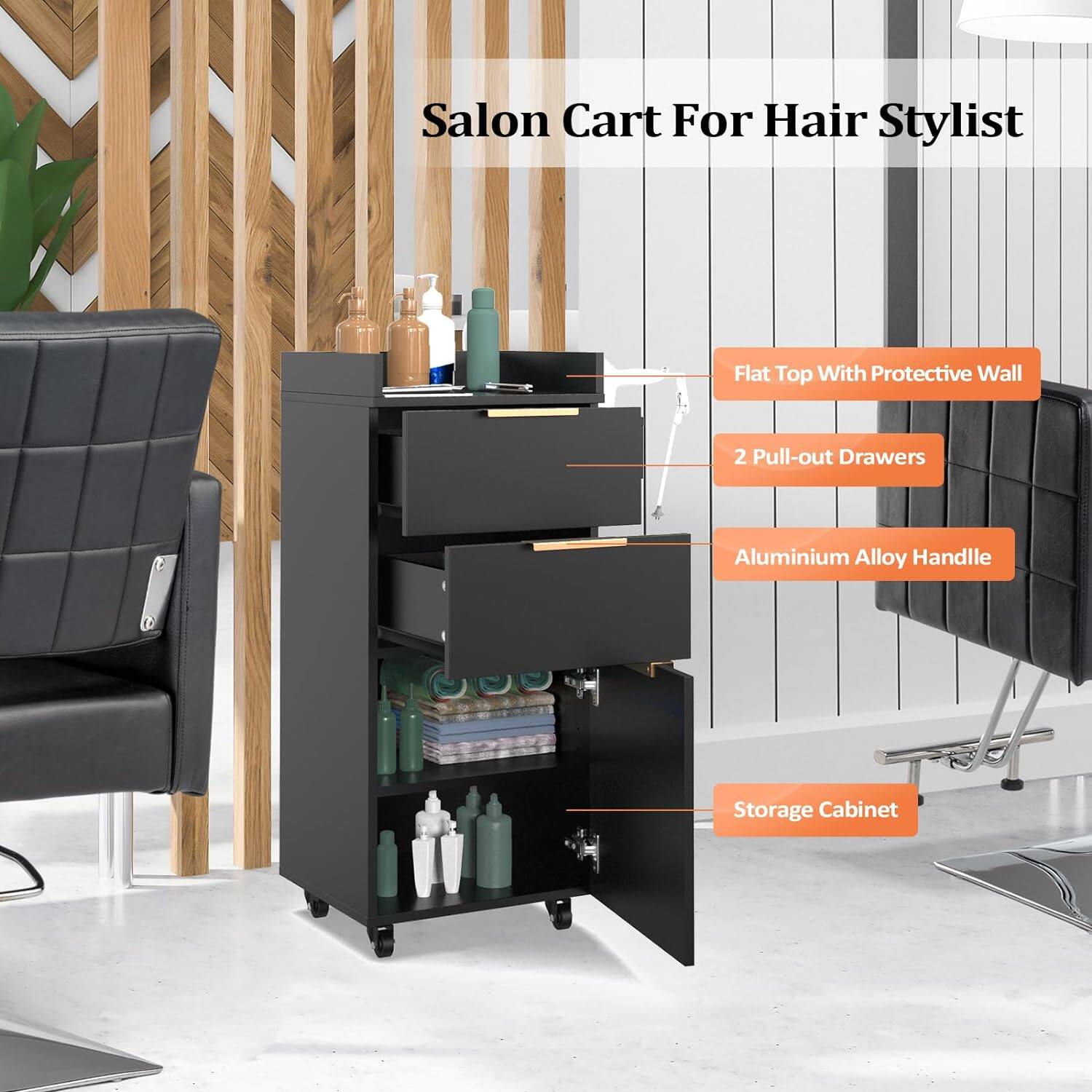 Salon Cart For Hair Stylist  
- Flat Top With Protective Wall  
- 2 Pull-out Drawers  
- Aluminium Alloy Handle  
- Storage Cabinet