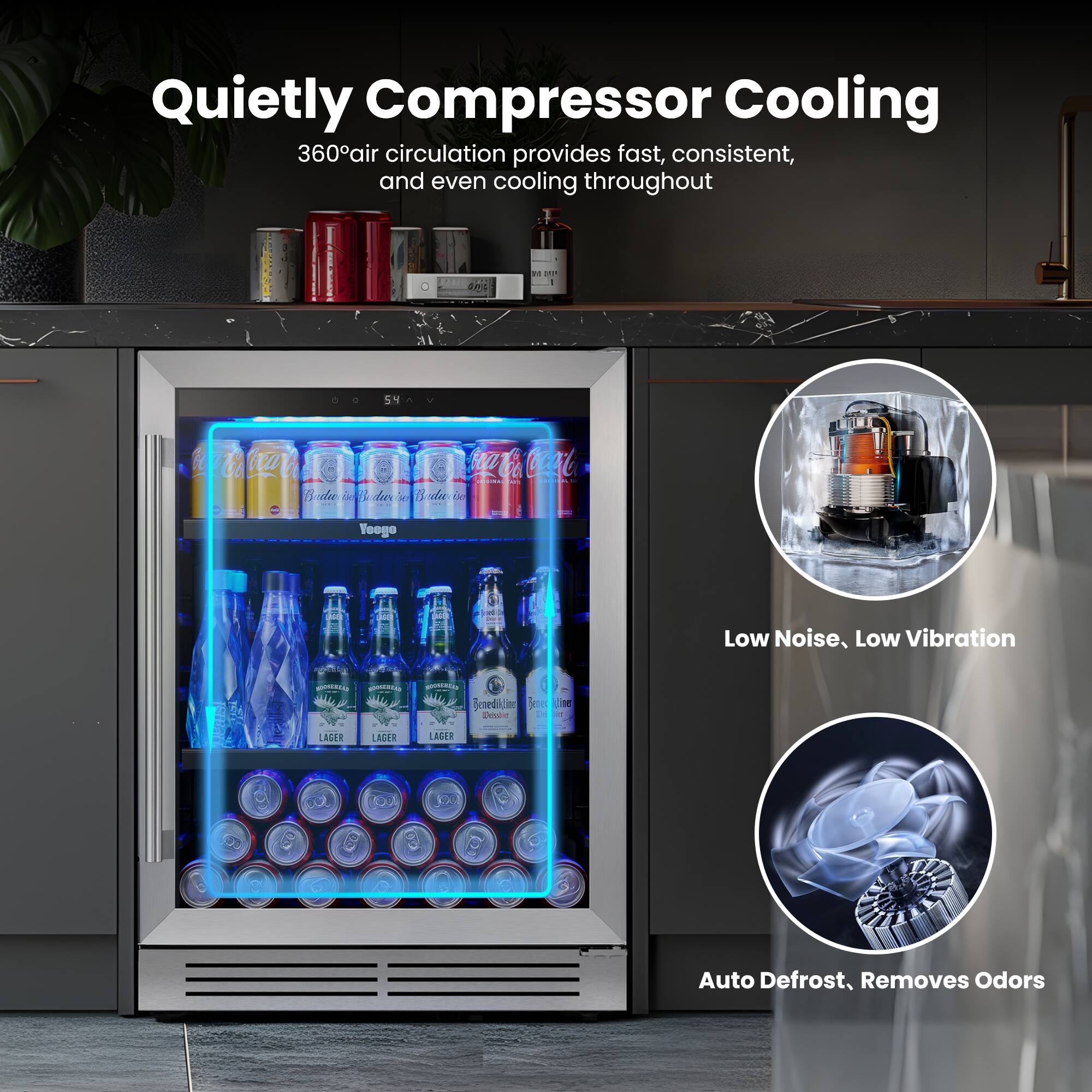 Quietly Compressor Cooling 360° air circulation provides fast, consistent, and even cooling throughout. Low Noise, Low Vibration. Auto Defrost, Removes Odors.