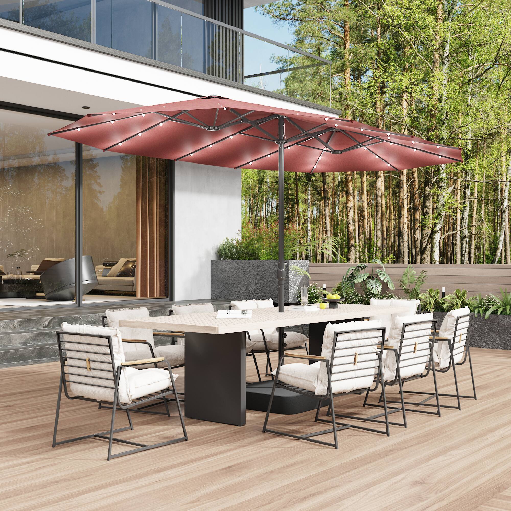 Left. Famapy - Large Rectangular Outdoor Patio Umbrella with Integrated Edge LED Lights Day-to-Night Shade Multiple Colors - Burgundy.