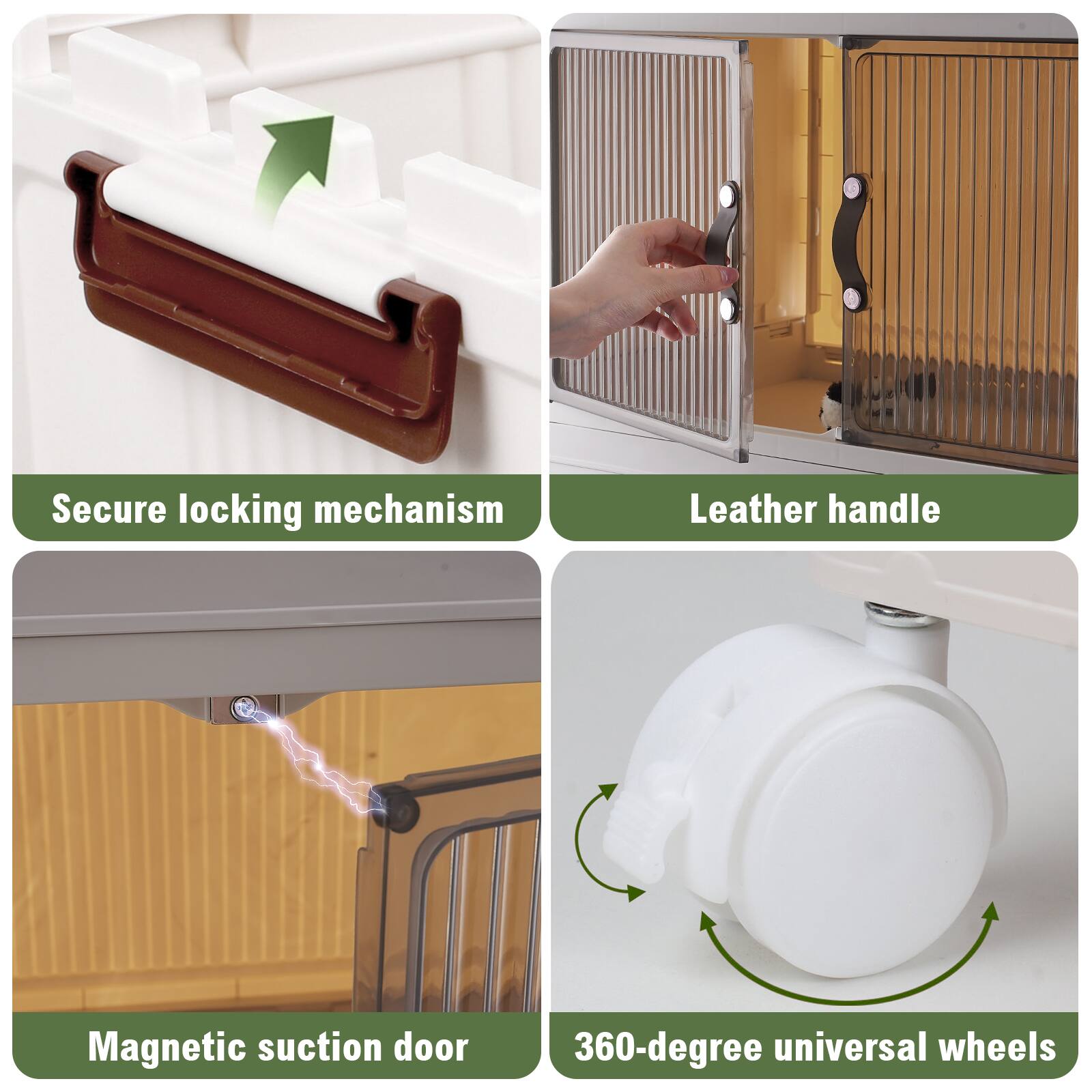 - Secure locking mechanism
- Leather handle
- Magnetic suction door
- 360-degree universal wheels