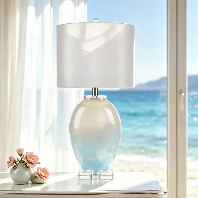 partphoner - Oval Sky-Blue-Patterned Northern-Style Glass Table Lamp, Single Pack - Light Blue