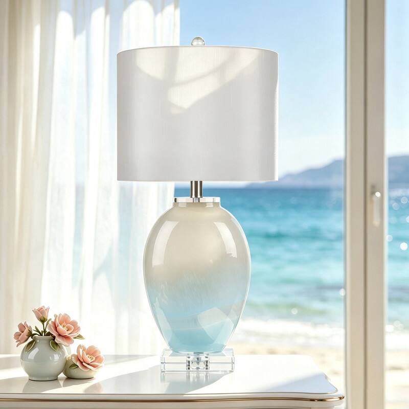 Front. partphoner - Oval Sky-Blue-Patterned Northern-Style Glass Table Lamp, Single Pack - Light Blue.