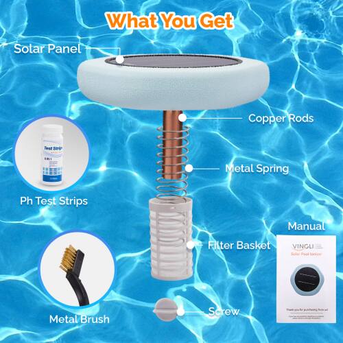 What You Get: Solar Panel, Copper Rods, Metal Spring, Ph Test Strips, Manual, Filter Basket, Metal Brush, Screw
