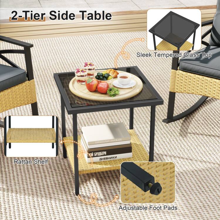 2-Tier Side Table  
Sleek Tempered Glass Top  
Rattan Shelf  
Adjustable Foot Pads