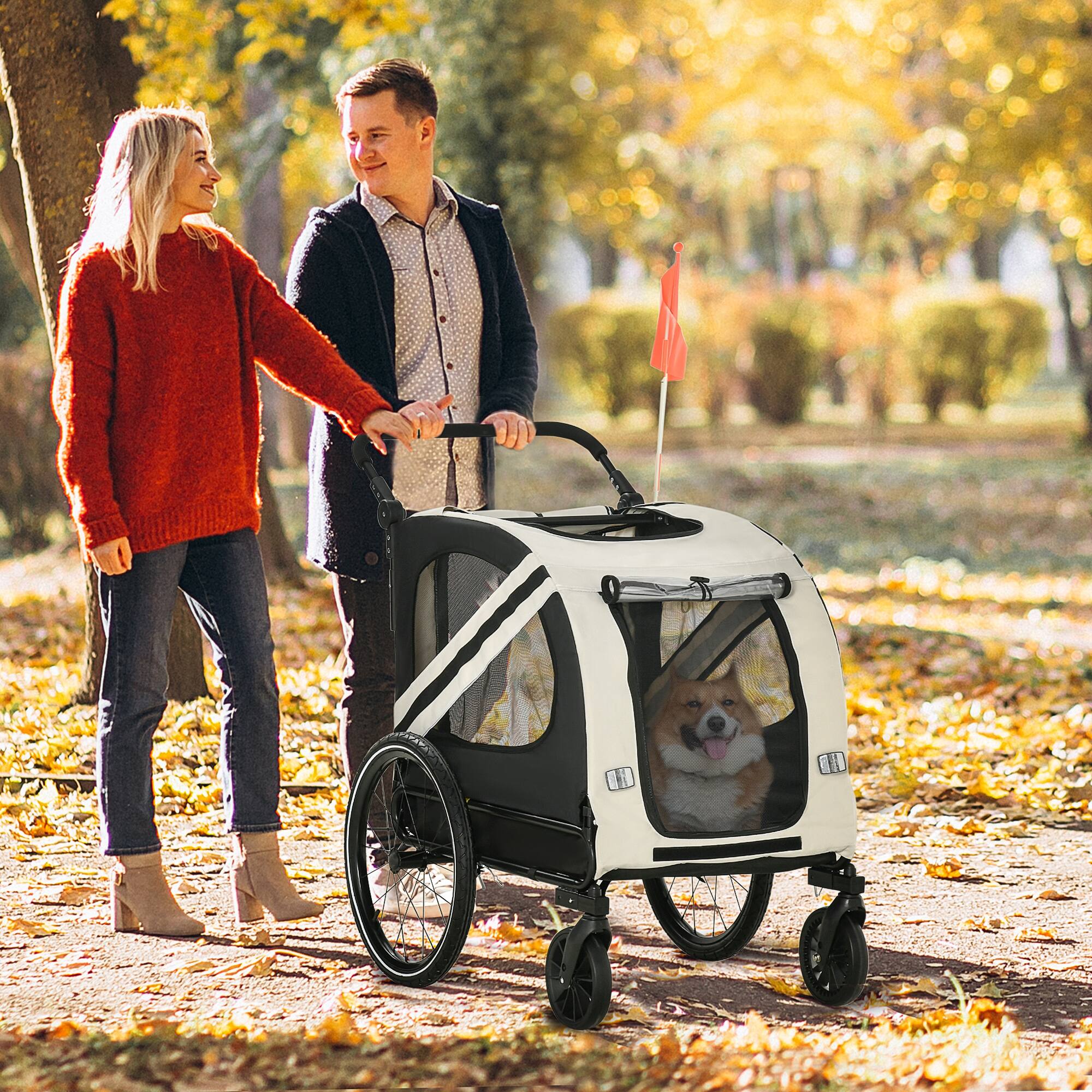 Alt View 4. Siljoy - White 2‑in‑1 Pet Bike Trailer & Stroller Sidecar for Small Dogs, Weather‑Resistant with Red Safety Flag.