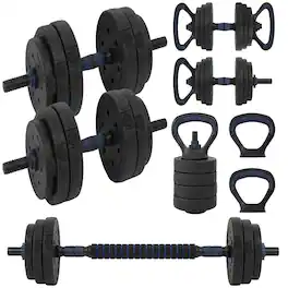 SereneLife - SQUATZ 45/70/90 lb Adjustable Dumbbell Set, 4-in-1 with Kettlebell & Barbell, Round Weight Set - Navy Blue