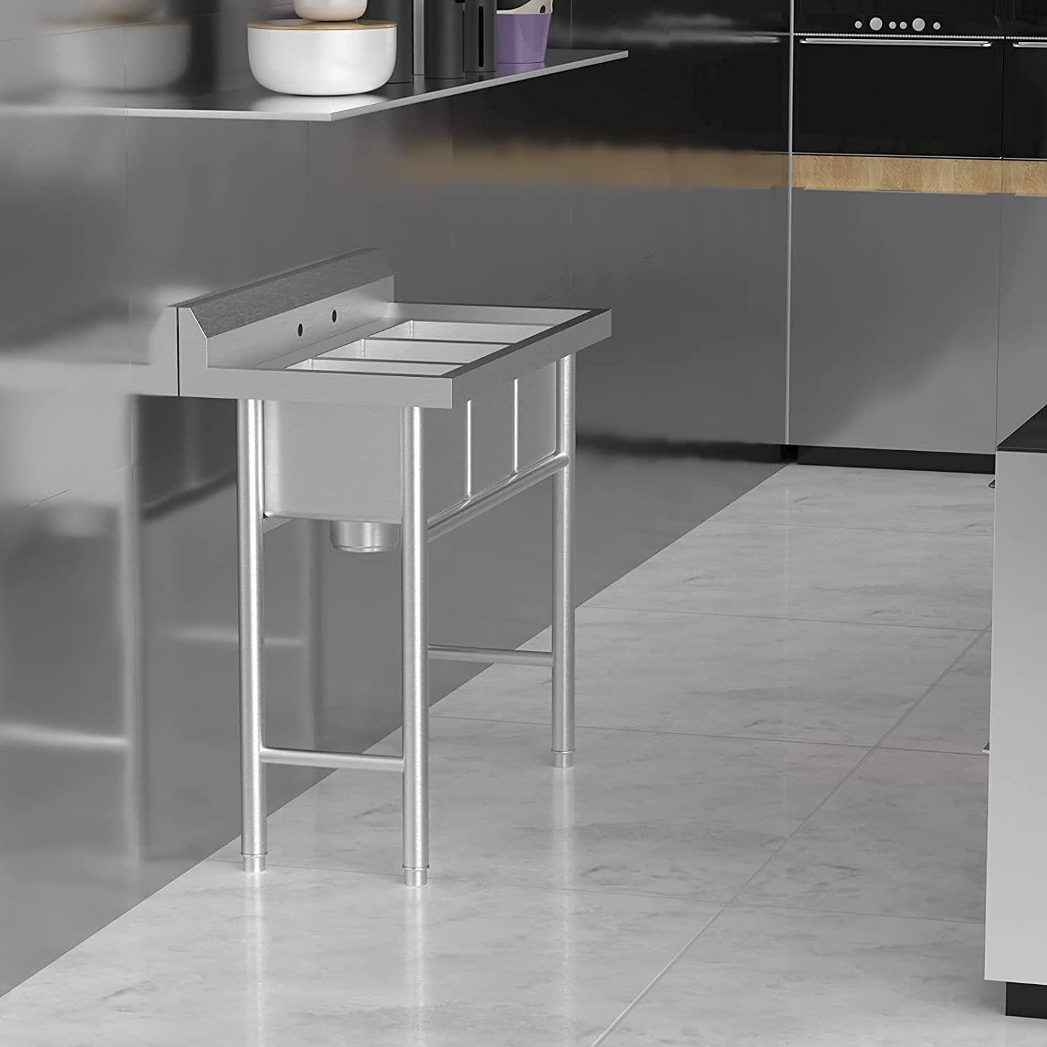 Alt View 4. Winado - Commercial Stainless Steel 3 Compartment Sink Free Standing Utility Sink with Backsplash, Adjustable Legs for Restaurant - Silver.