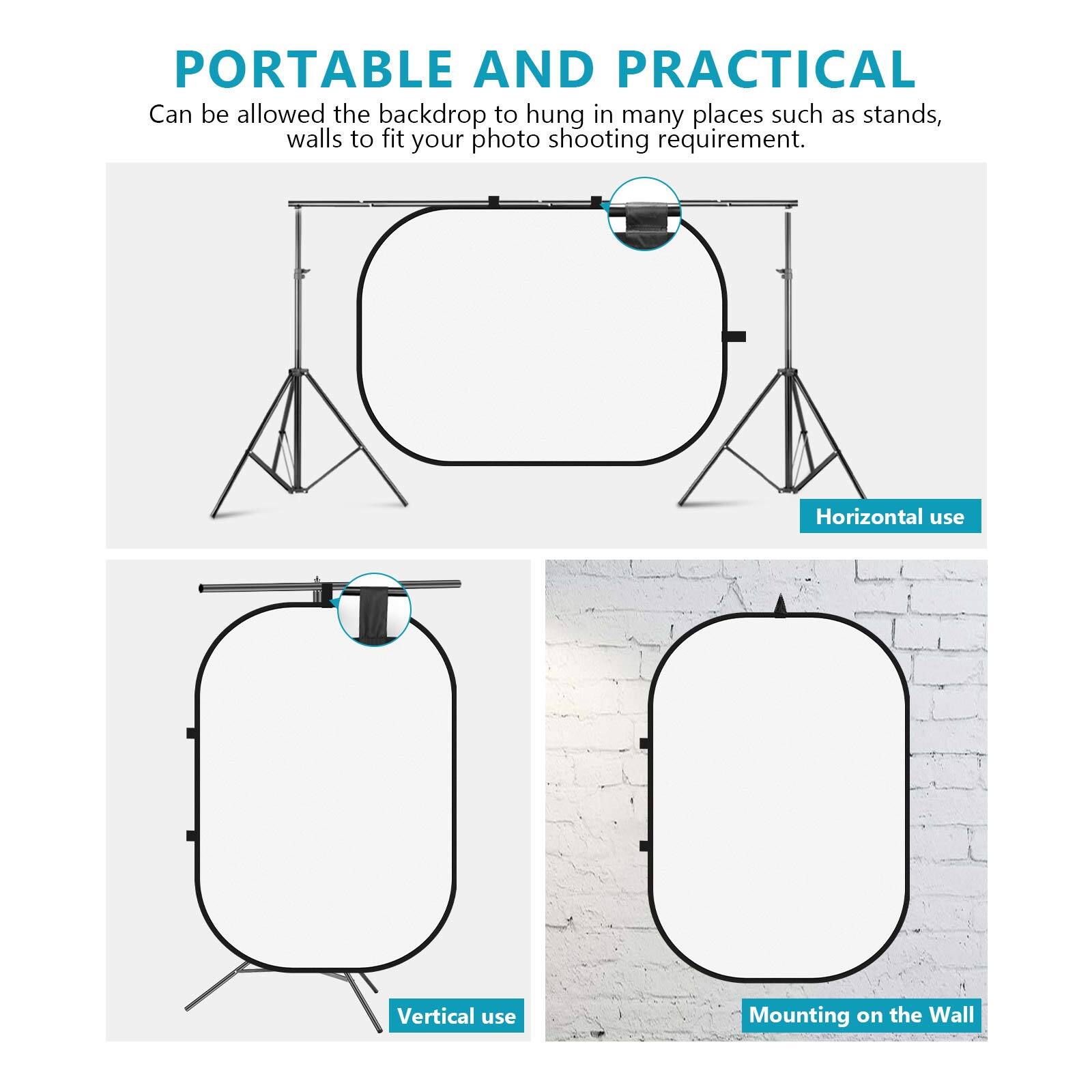 PORTABLE AND PRACTICAL  
Can be allowed the backdrop to hang in many places such as stands, walls to fit your photo shooting requirement.  

- Horizontal use  
- Vertical use  
- Mounting on the Wall