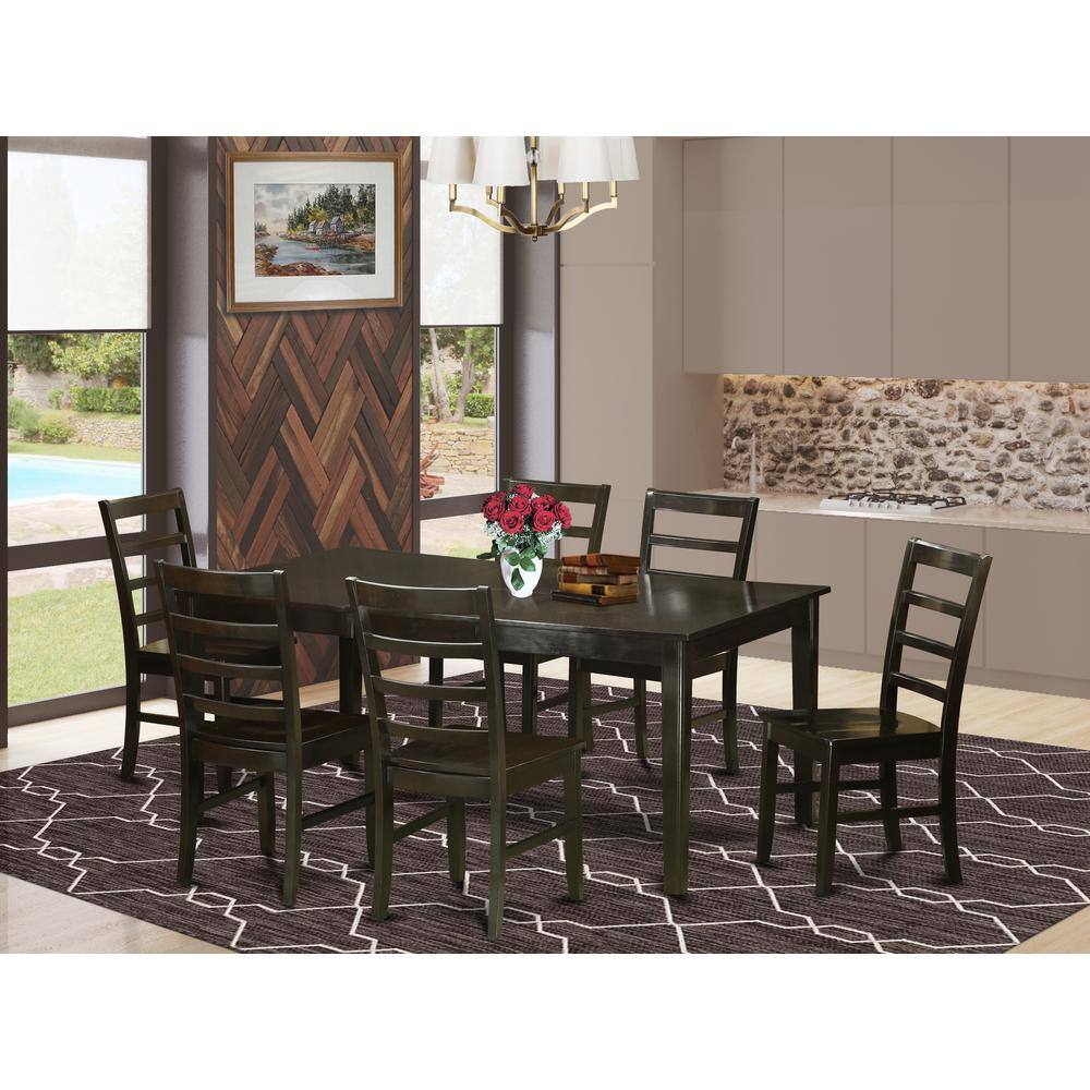 Back. East West Furniture - 7 Pc Dining room set-Table with Leaf and 6 Kitchen Chairs. - Cappuccino.