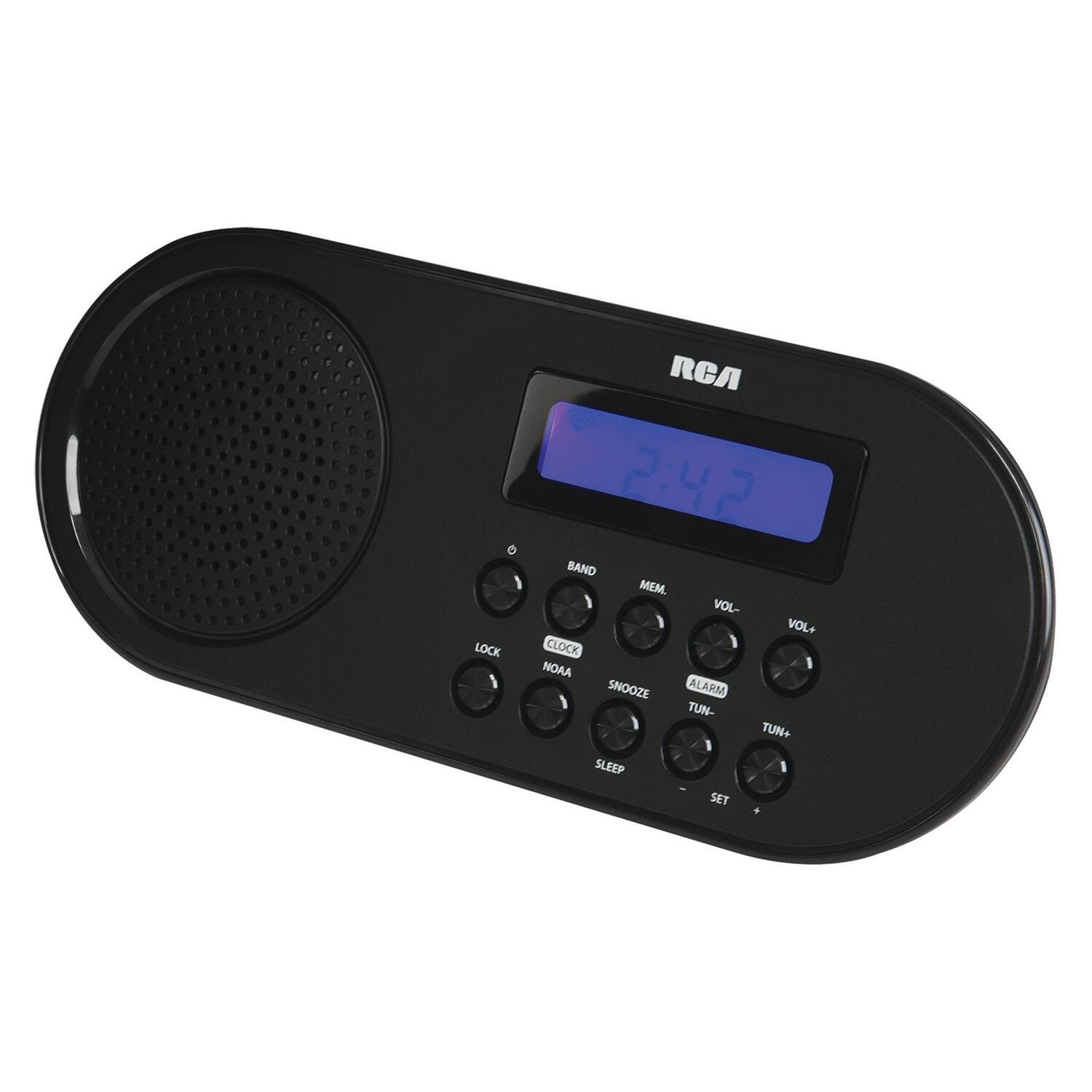 LOCK RCA 2:42 BAND MEM. VOL- VOL+ CLOCK NOAA SNOOZE ALARM TUN- TUN+ SLEEP SET