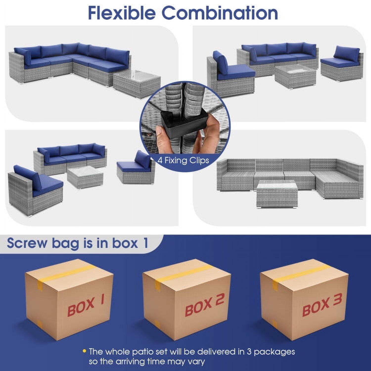 Flexible Combination

- 4 Fixing Clips
- Screw bag is in box 1

BOX 1 BOX 2 BOX 3

The whole patio set will be delivered in 3 packages so the arriving time may vary