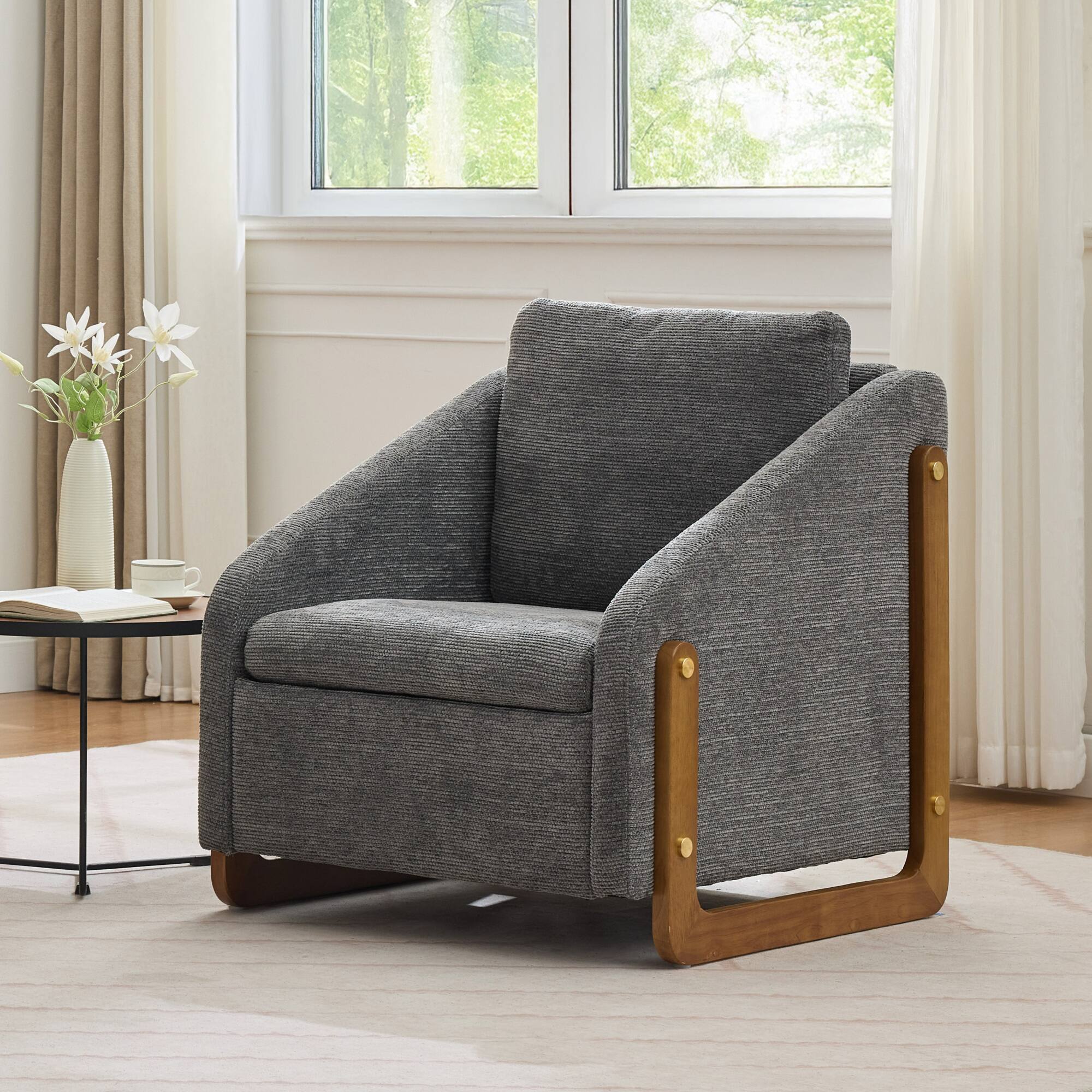 Alt View 6. GOODSILO - Modern Upholstered Armchair with Wooden Side Frame and Cushioned Seat for Living Room or Bedroom - Gray.