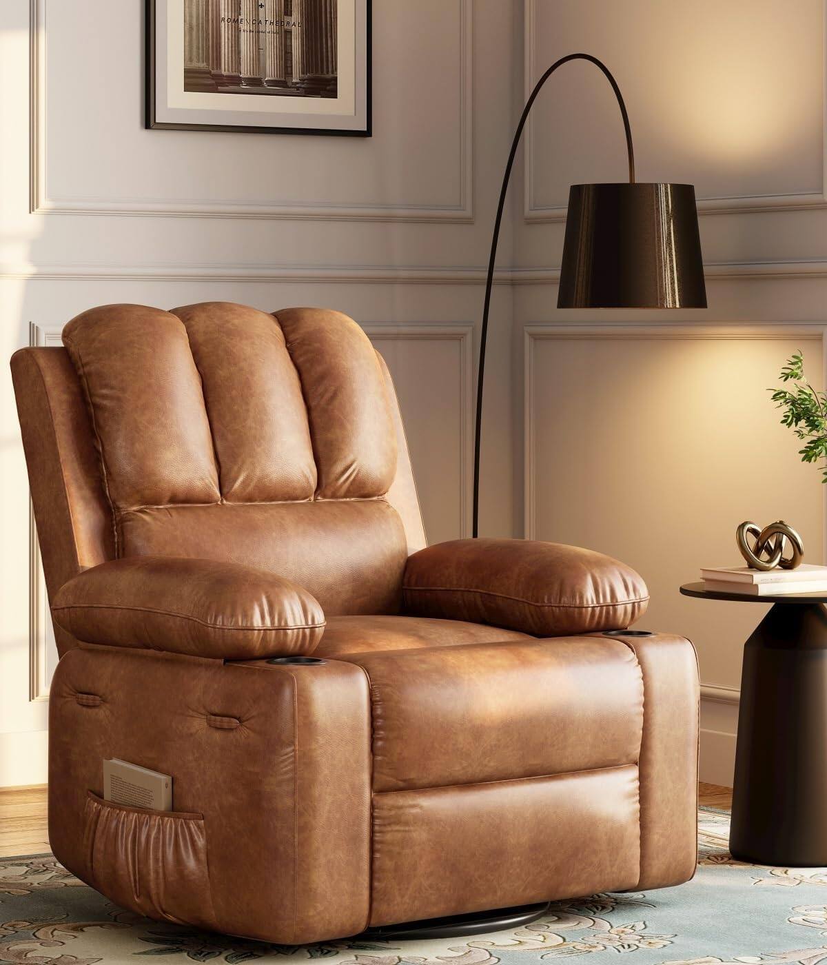 Front. Babevy - 37.4" Oversized Manual Recliner with Heat and Massage, 360 Swivel Recliner Chair 26.7" Seat with Cup Holder - Brown.
