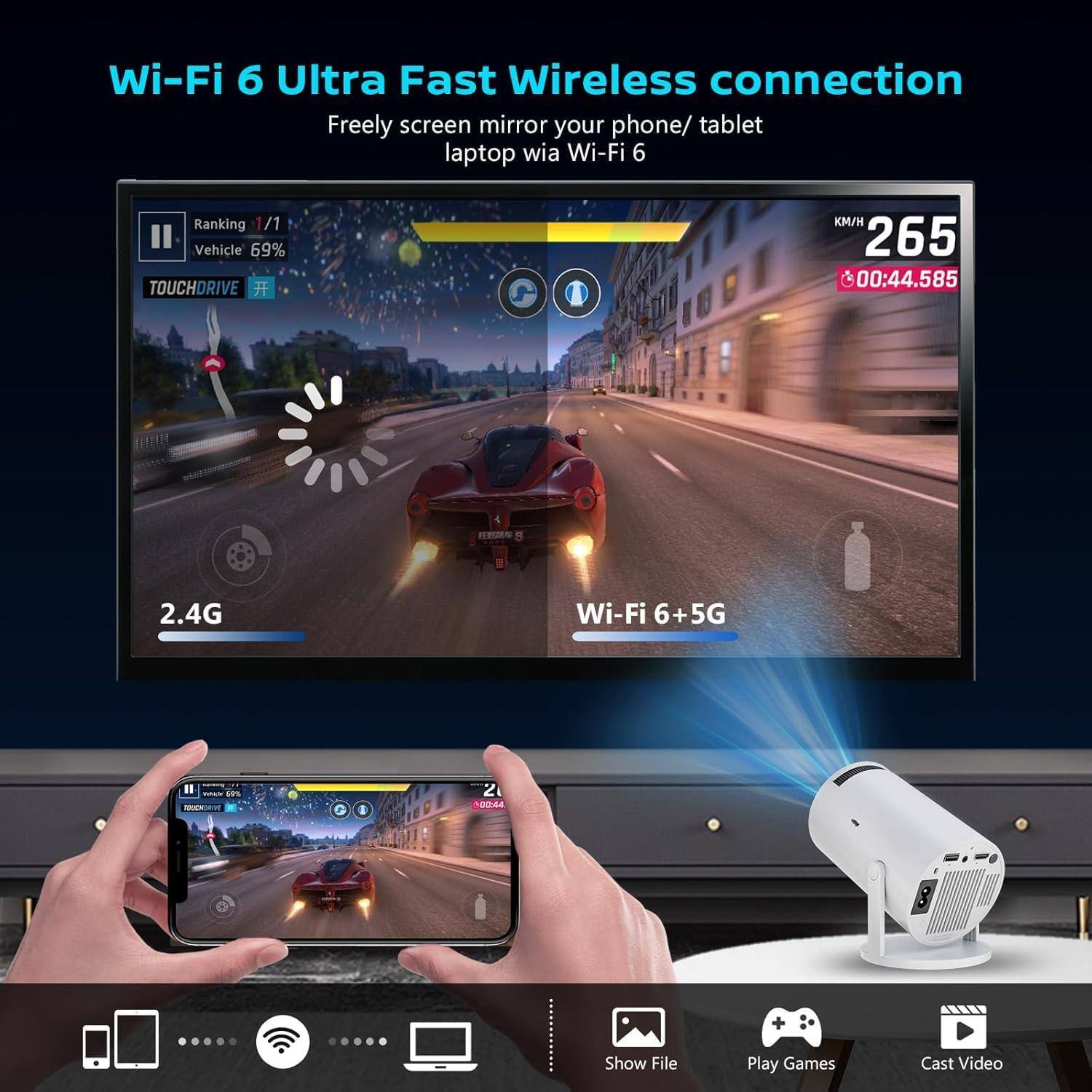 Wi-Fi 6 Ultra Fast Wireless Connection  
Freely screen mirror your phone/tablet laptop via Wi-Fi 6  

Ranking 1/1  
Vehicle 69%  

2.4G Wi-Fi 6+5G  

Show File  
Play Games  
Cast Video