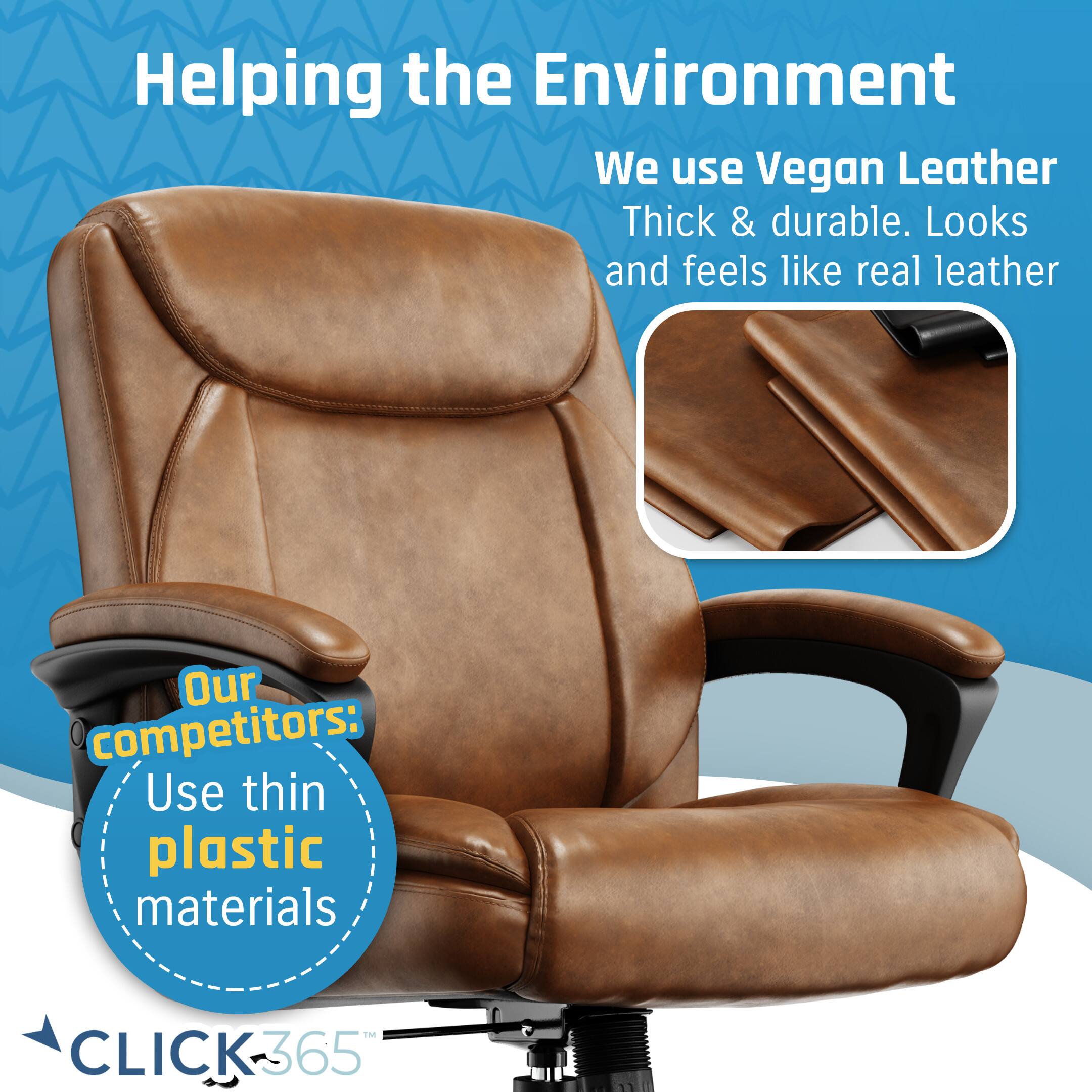 The image features a brown leather chair with a vegan leather seat, which is advertised as being thick and durable. The chair is described as being made from environmentally friendly materials, as it uses vegan leather instead of plastic materials. The advertisement emphasizes the benefits of using vegan leather, which looks and feels like real leather, while also being more sustainable and eco-friendly.