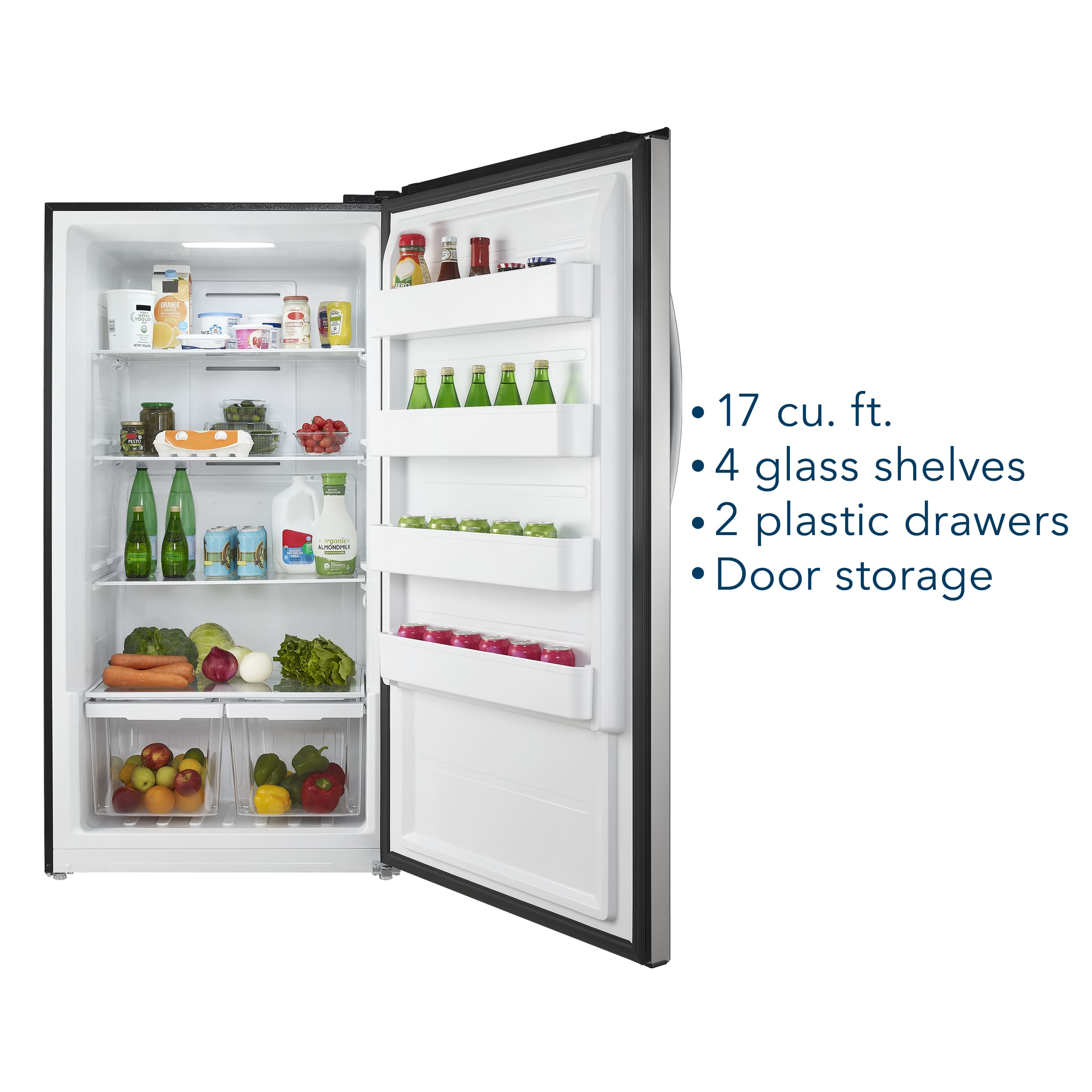 The text on the image reads: "17 cu. ft. 4 glass shelves 2 plastic drawers Door storage."