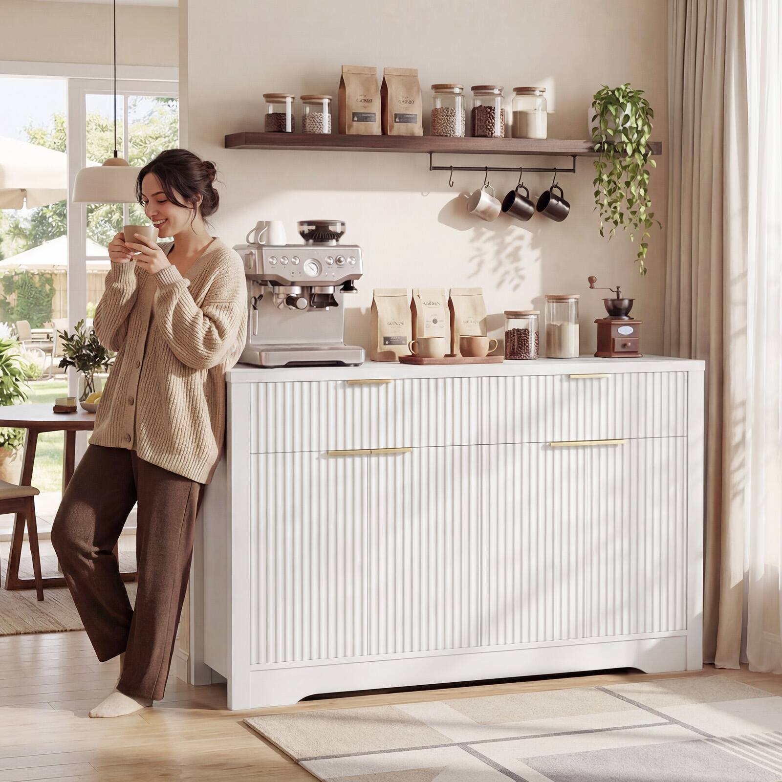 Alt View 2. Aheaplus - 55.1'' Fluted Buffet Cabinet with Drawers, Modern Sideboard Credenza with Adjustable Shelves - White.