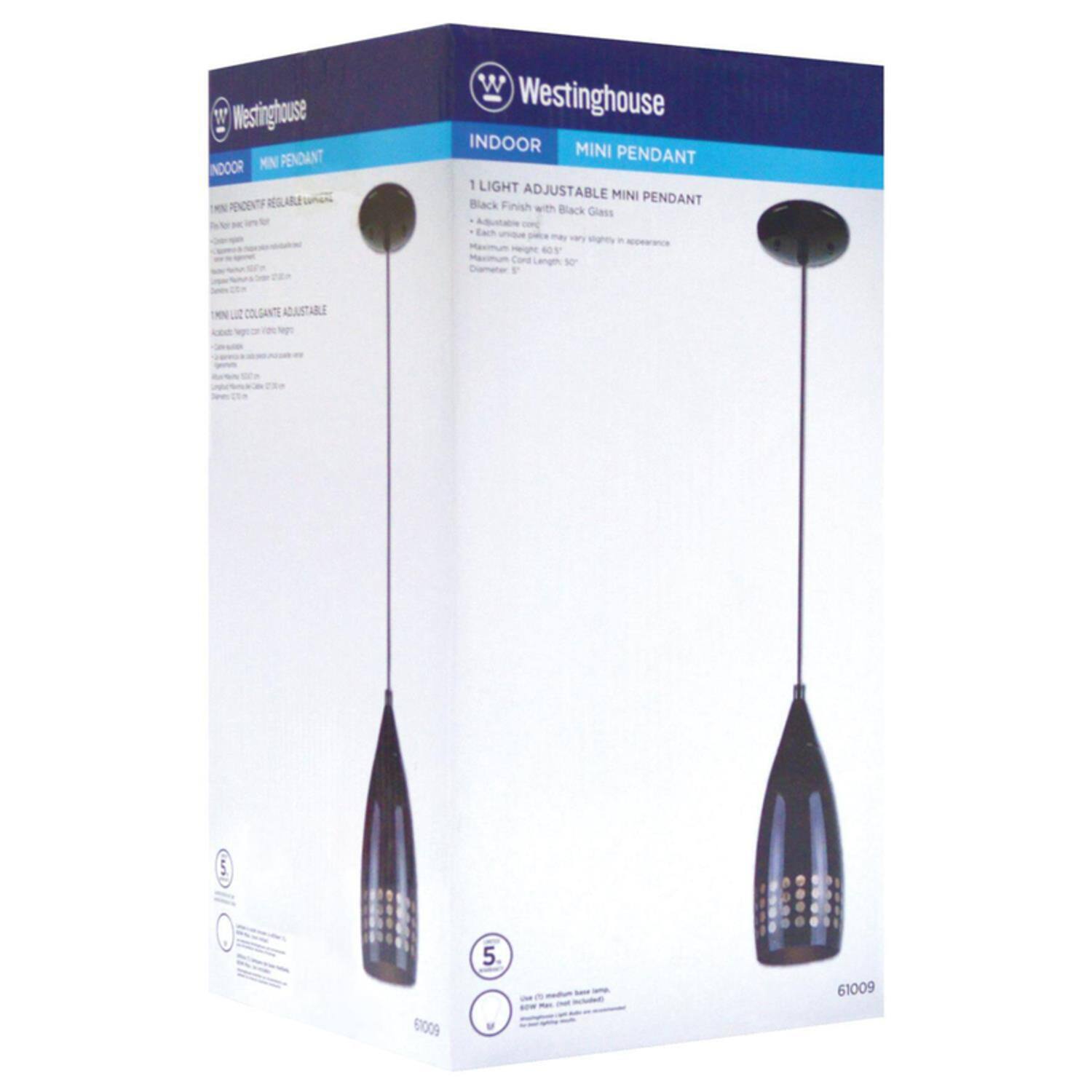 Westinghouse INDOOR MINI PENDANT 1 LIGHT ADJUSTABLE MINI PENDANT Black Finish with Black Glass