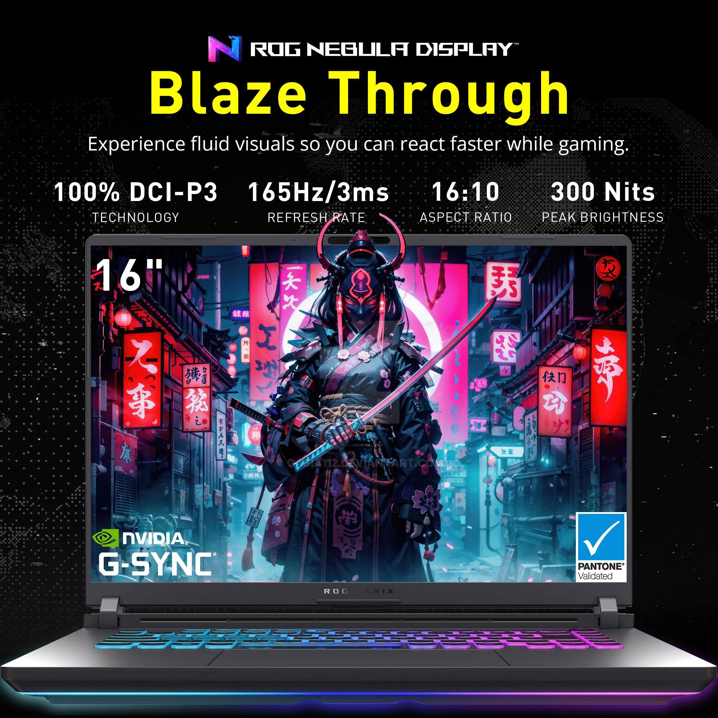 ROG NEBULA DISPLAY  
Blaze Through  

Experience fluid visuals so you can react faster while gaming.  

100% DCI-P3  
165Hz/3ms  
16:10  
300 Nits  

16"  

NVIDIA G-SYNC  
PANTONE Validated  

cua112.beviANFART.com