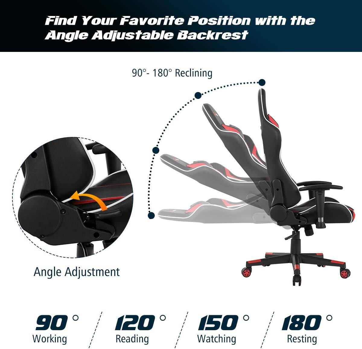 Find Your Favorite Position with the Angle Adjustable Backrest: 90-180 Reclining Angle Adjustment: 90 Working, 120 Reading, 150 Watching, 180 Resting.