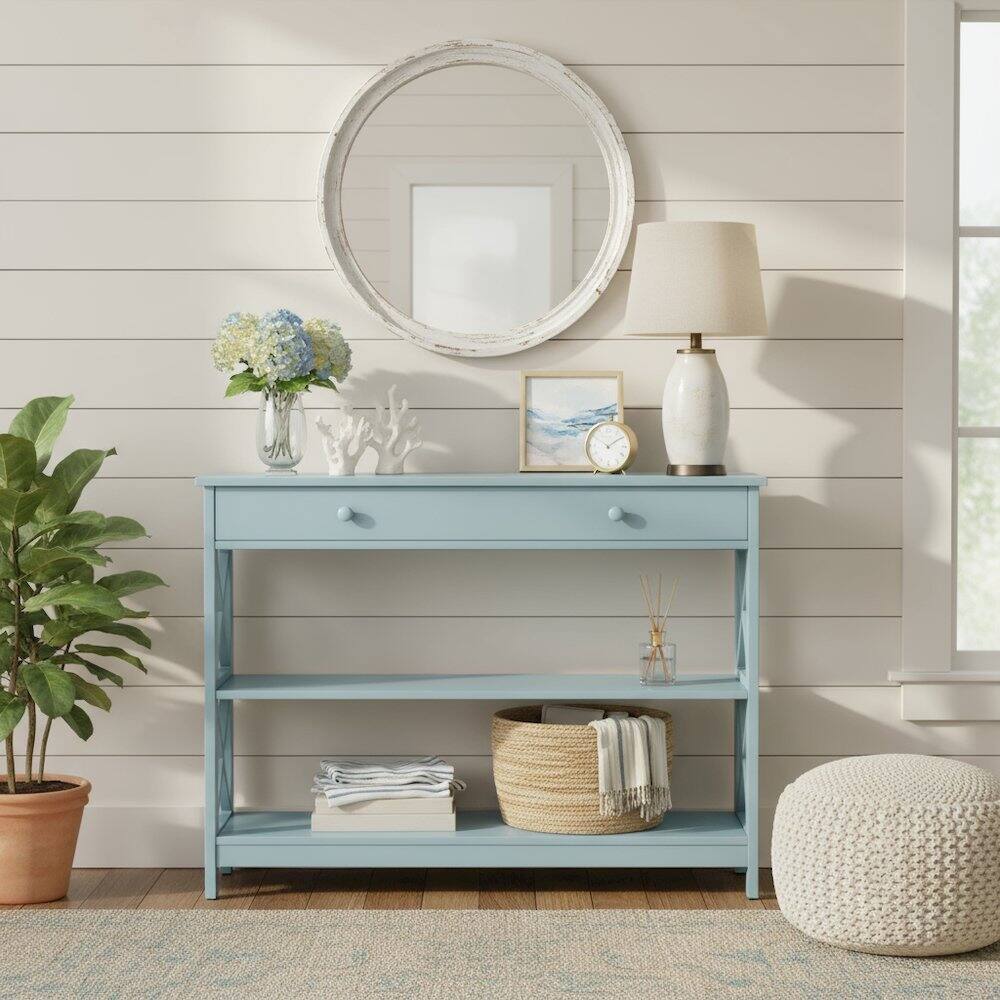 Alt View 2. FurniFact - Console Cabinet with 1 Drawer and Shelves, 3 Tiers of Storage in Blue Color - Sea Foam Blue.