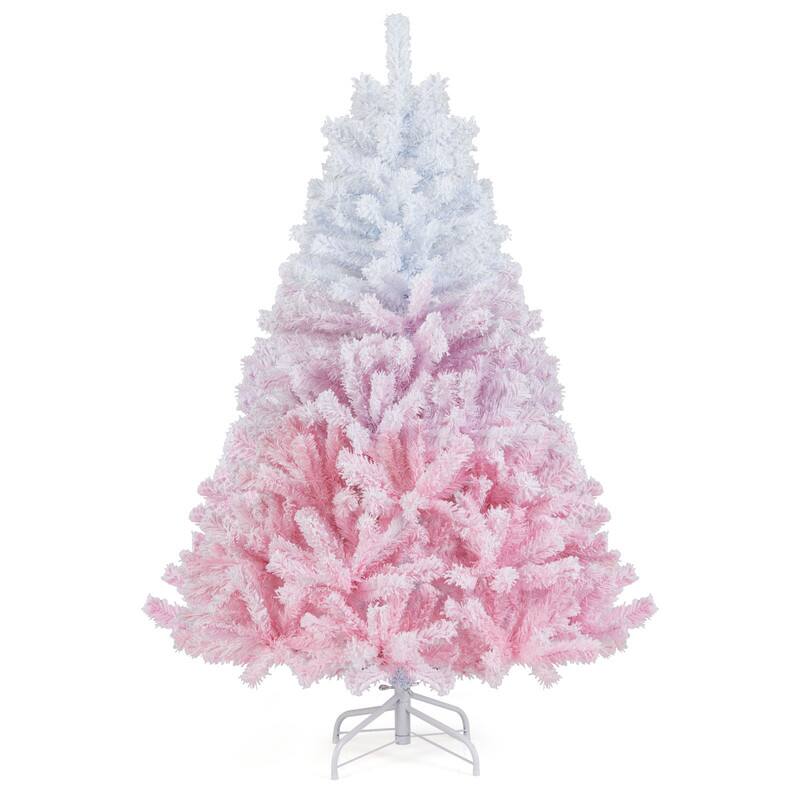 Front. WELLFOR - 5 ft Artificial Christmas Tree with 456 PVC Branch Tips, Gradient Snow‑Flocked Hinged Xmas Tree for Holiday Decoration - Pink &White.