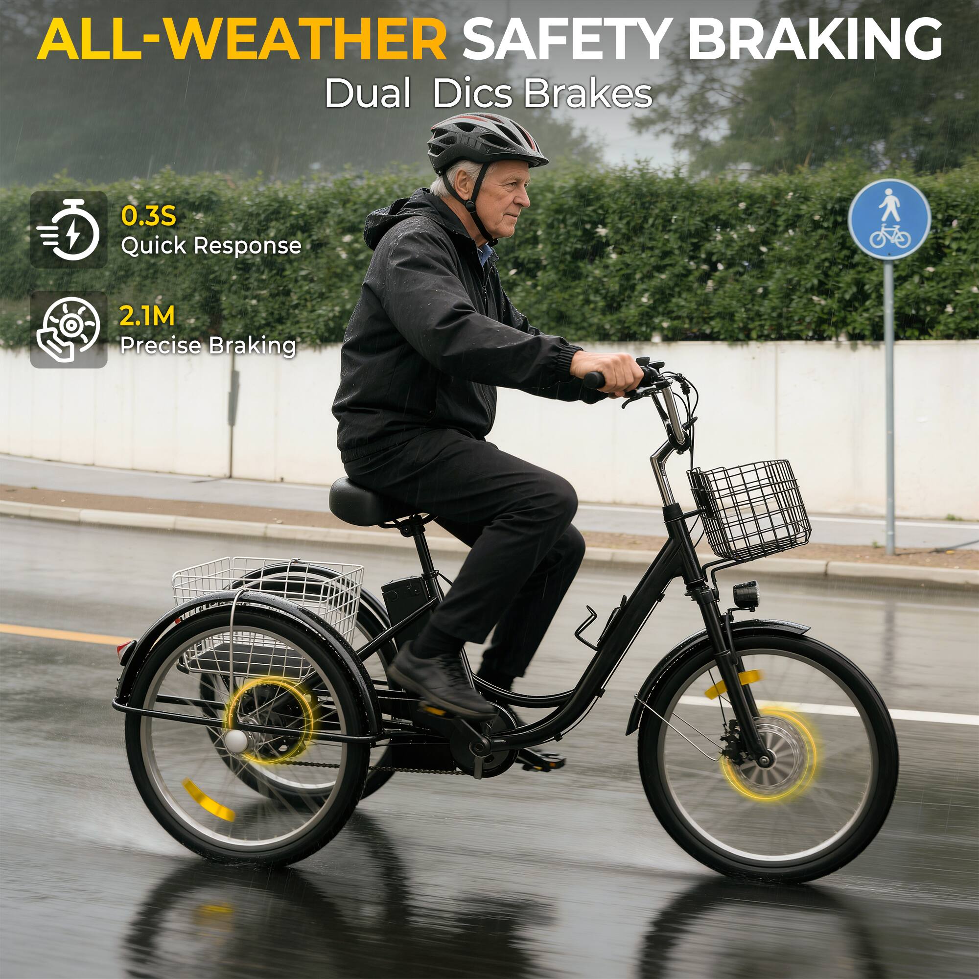 ALL-WEATHER SAFETY BRAKING  
Dual Disc Brakes  

0.3S Quick Response  
2.1M Precise Braking