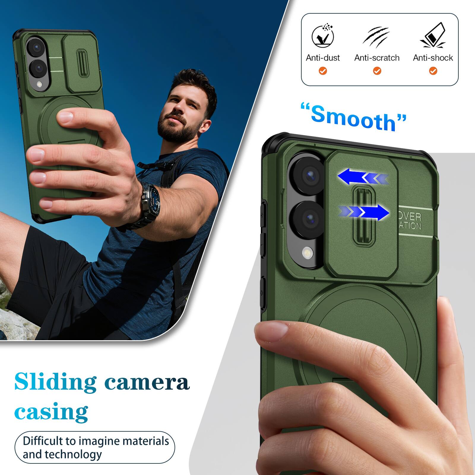 Anti-dust  
Anti-scratch  
Anti-shock  
"Smooth"  
Sliding camera casing  
Difficult to imagine materials and technology