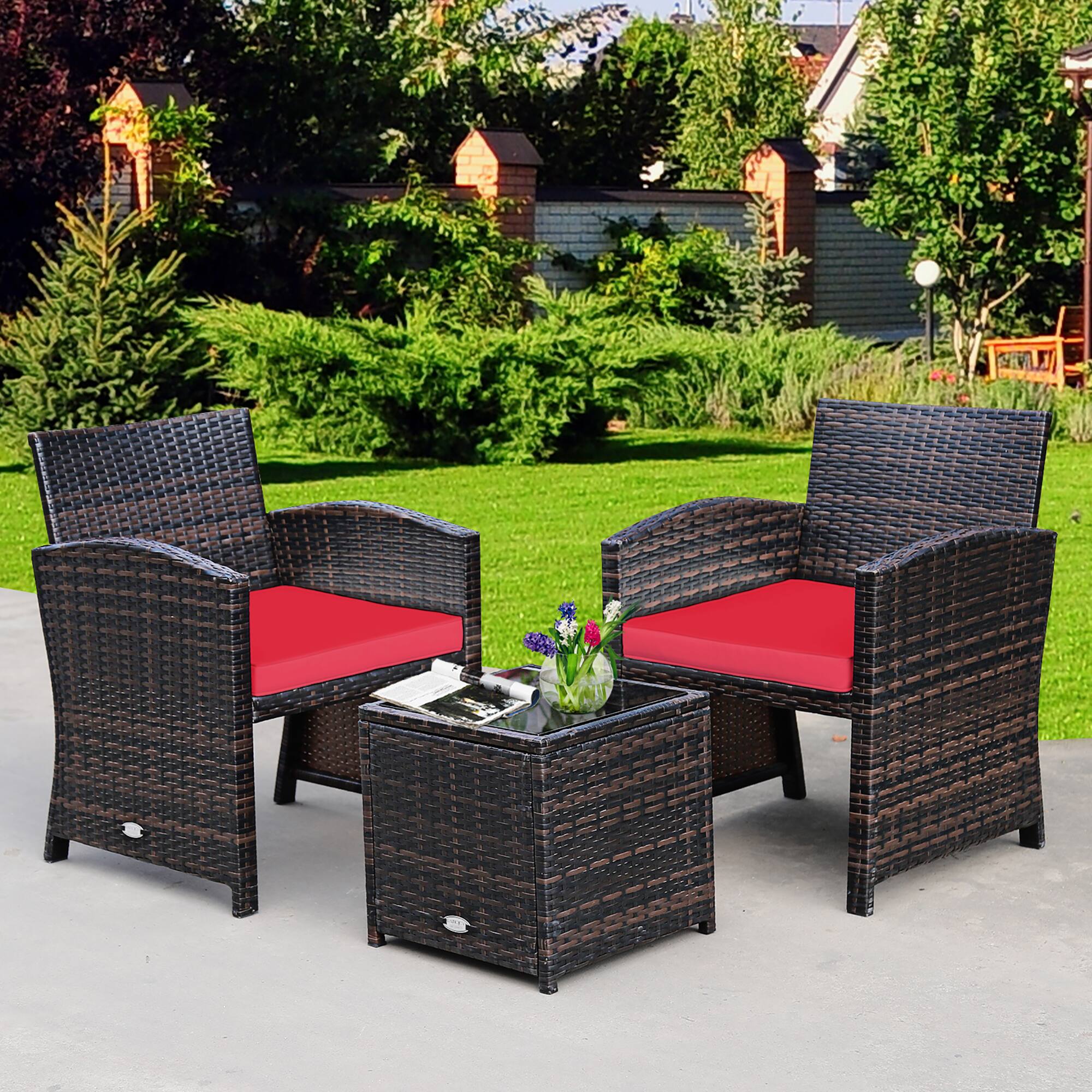 Alt View 1. Costway - 3PCS Patio Rattan Wicker Furniture Cushion Sofa Coffee Table - Red,Mix brown.