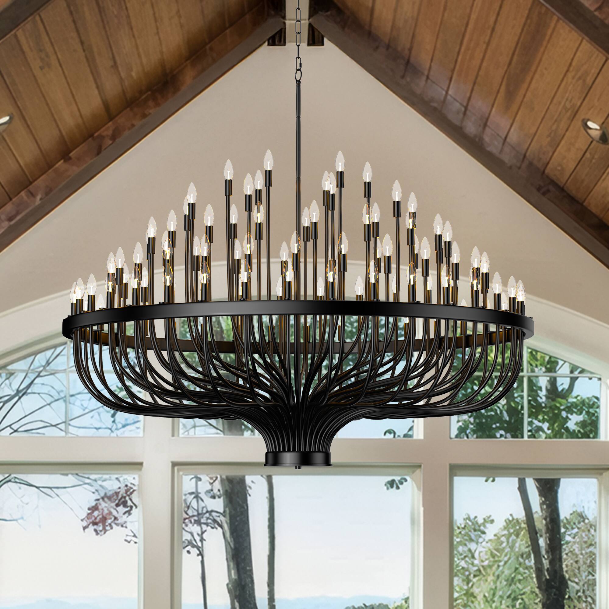 RYHNUYNE - 96-Lights Farmhouse Foyer Chandelier Candle Round Chandeliers High Ceiling Adjustable Height Hanging Pendant Light - Black