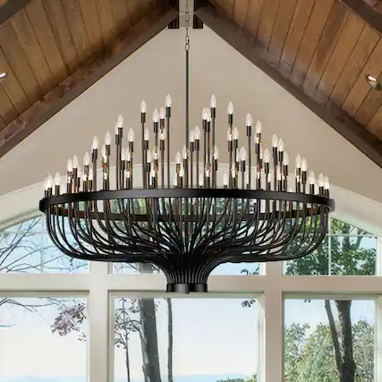 Front. RYHNUYNE - 96-Lights Farmhouse Foyer Chandelier Black Candle Round Chandeliers High Ceiling Adjustable Height Hanging Pendant Light - Black.