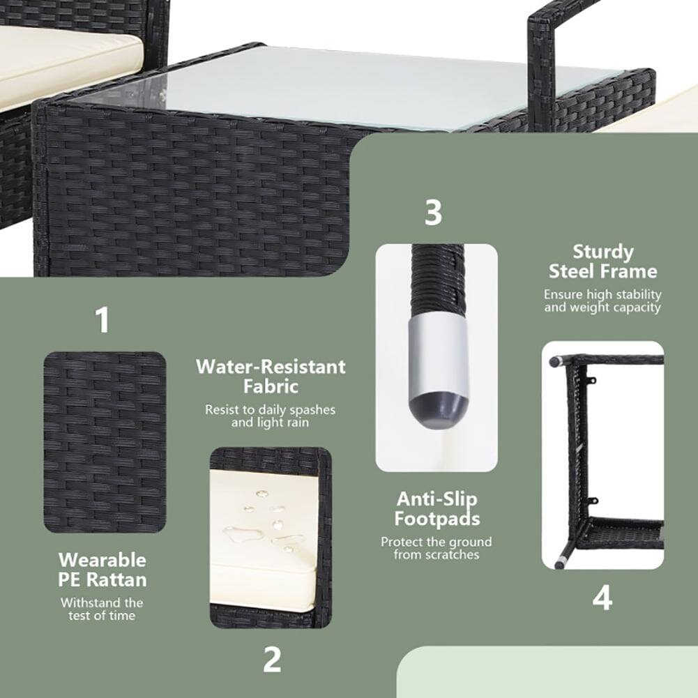 1. Sturdy Steel Frame  
   Ensure high stability and weight capacity

2. Water-Resistant Fabric  
   Resist to daily splashes and light rain

3. Wearable PE Rattan  
   Withstand the test of time

4. Anti-Slip Footpads  
   Protect the ground from scratches