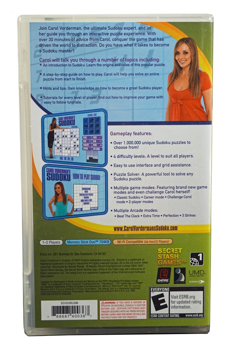 Join Carol Vorderman, the ultimate Sudoku expert, and let her guide you through an interactive puzzle experience. With over 30 minutes of advice from Carol, conquer the game that has driven the world to distraction. Do you have what it takes to become a Sudoku master?

Carol will talk you through a number of topics including:
- An introduction to Sudoku: Learn the origins and rules of this popular puzzle.
- A step-by-step guide on how to play. Carol will help you solve an entire puzzle from start to finish.
- Hints and tips: Gain knowledge on how to become a great Sudoku player.
- Tutorials for every level of player, find out how to improve your game with easy to follow tutorials.

Gameplay features:
- Over 1,000,000 unique Sudoku puzzles to choose from!
- Difficulty levels: A level to suit all players.
- Easy to use interface and grid assistance.
- Puzzle Solver: A powerful tool to solve any Sudoku puzzle.
- Multiple game modes: Featuring brand new game modes and even challenge Carol herself! Classic Sudoku • Career mode • Challenge Carol mode • 2-player modes
- Multiple Arcade modes: Beat The Clock • Extra Time • Perfection • 3 Strikes

Wi-Fi Compatible (