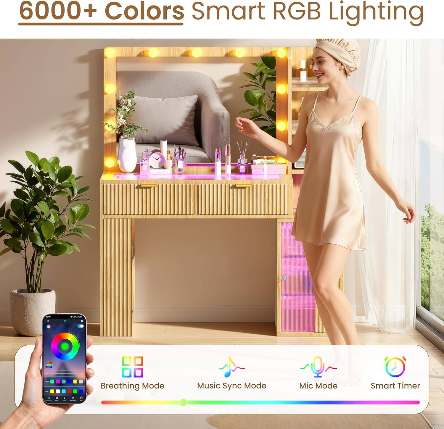 6000+ Colors Smart RGB Lighting

- Breathing Mode
- Music Sync Mode
- Mic Mode
- Smart Timer