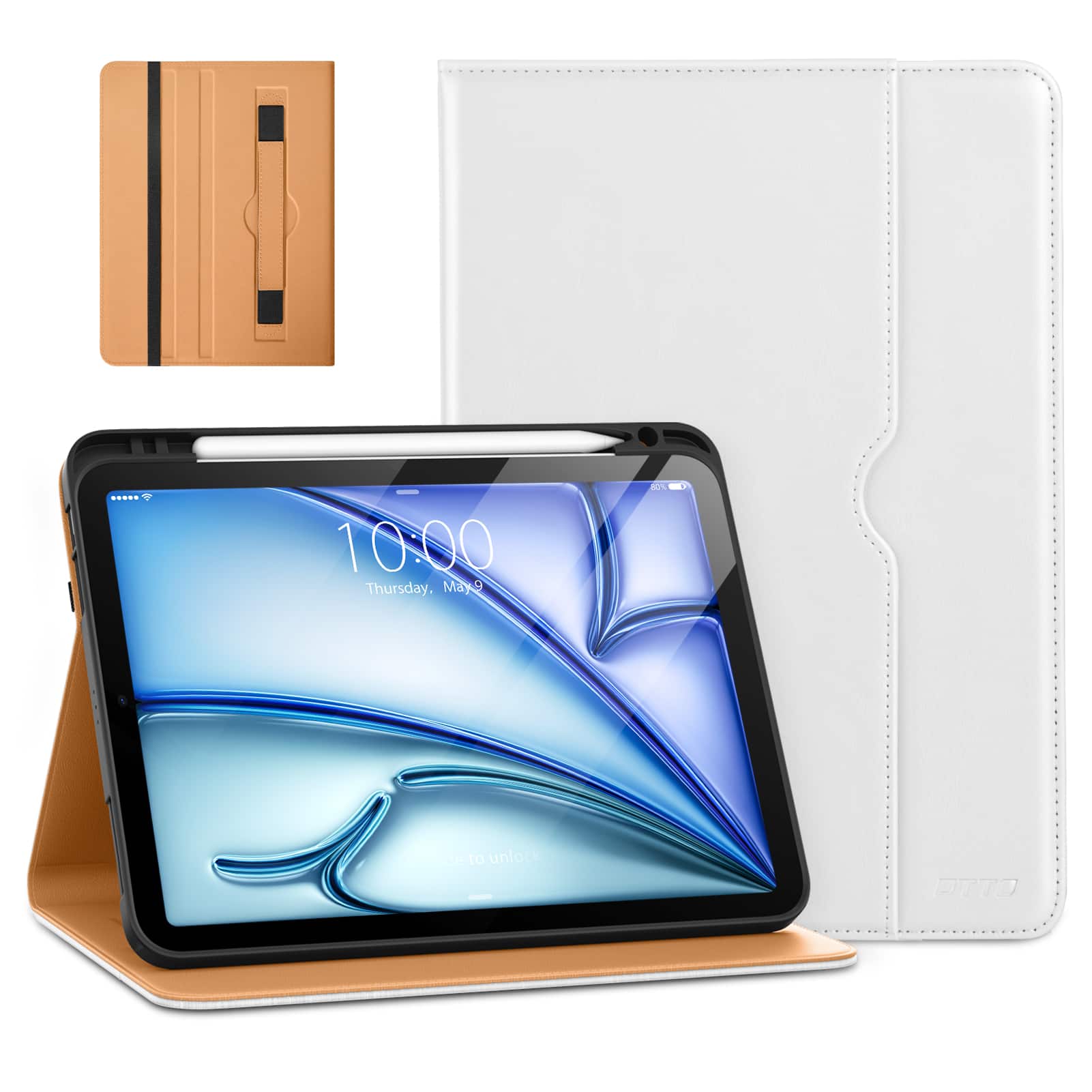DTTO - Case for iPad Air 11-inch M2/M3 & Air 4th/5th Gen – Premium Leather Folio with Pencil Holder, Auto Sleep/Wake - White