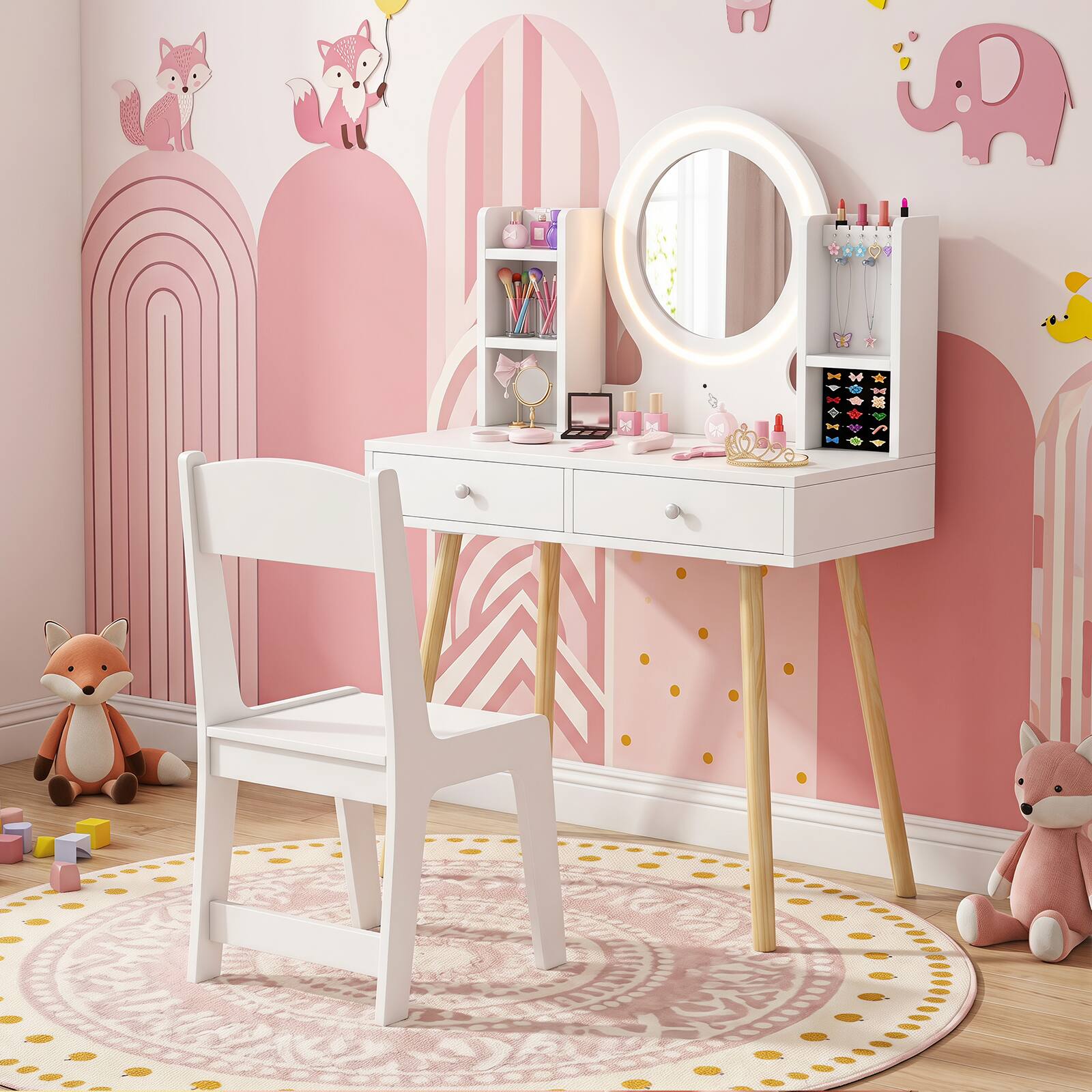 Alt View 3. Costway - Costway Kids Vanity Set Princess Vanity Desk Set with 2-Color LED Lighted Acrylic Mirror - White.