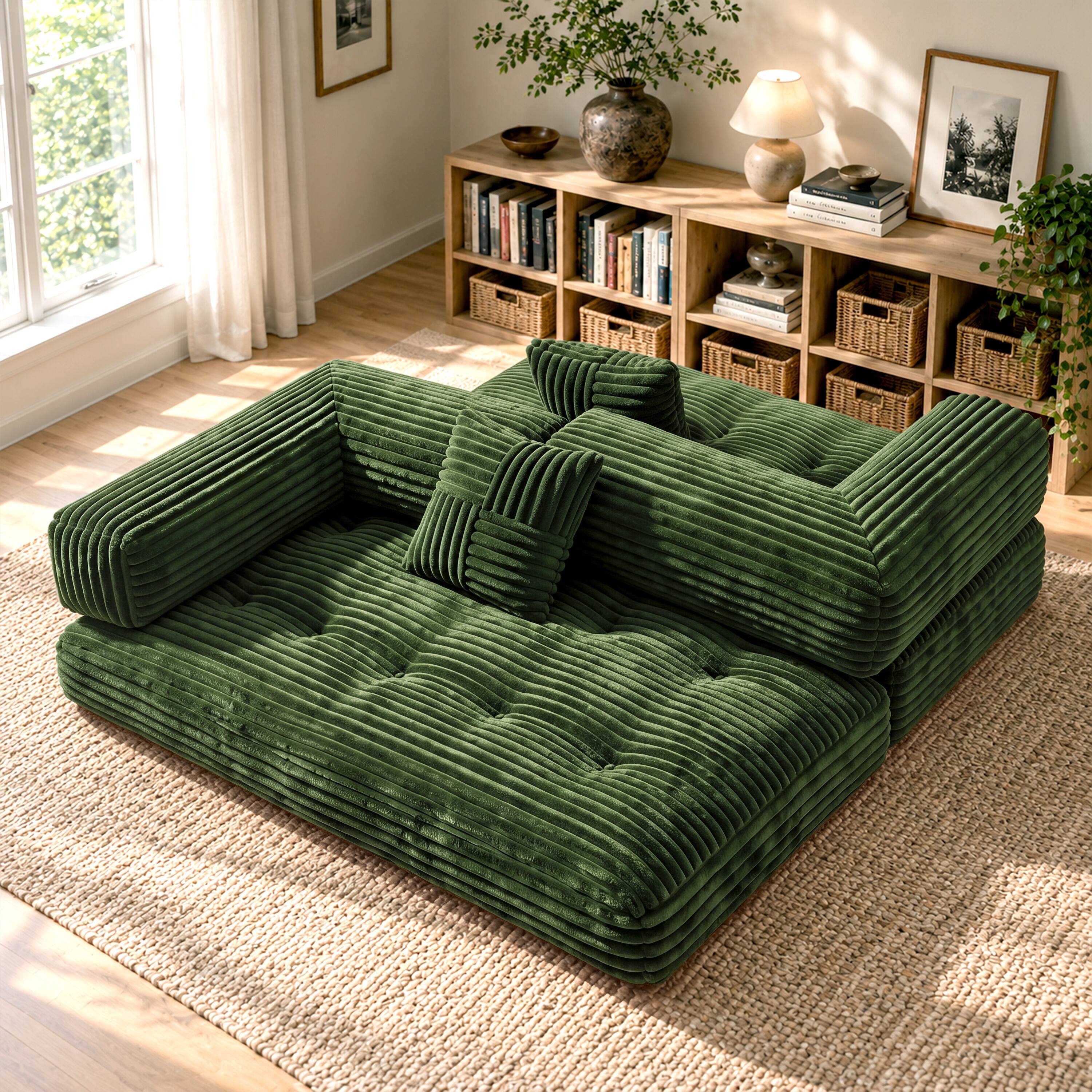 Angle. Vipbear - Corduroy Loveseat Sofa, Convertible Sofa Couch with Sturdy Metal Frame for Living Room Bedroom - Green.