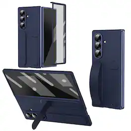 Dteck - Matte Case for Samsung Galaxy Z Fold7 with Wristband Stand, Bulit-in Front Screen Protector, Shockproof Full Body Cover - Blue