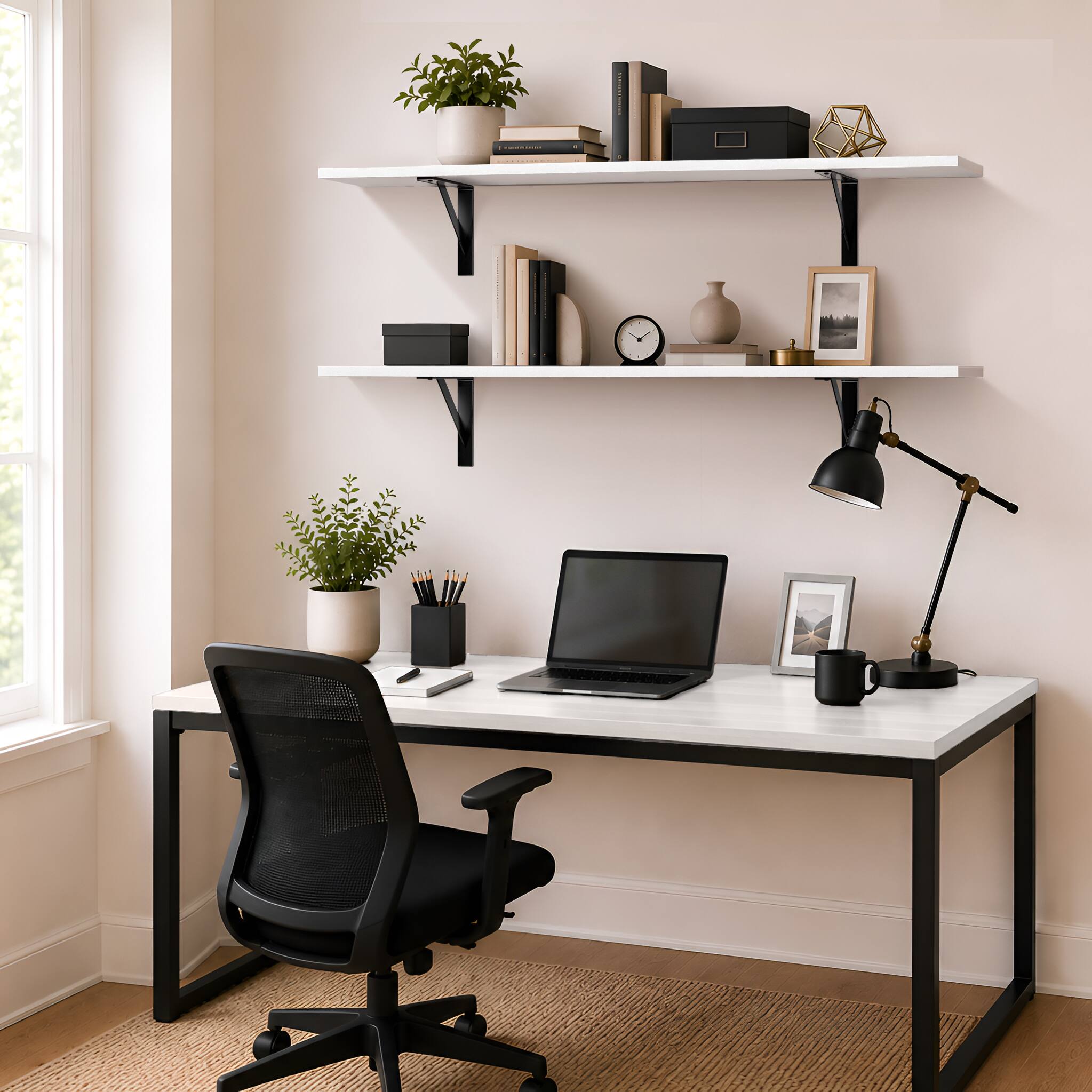 Alt View 3. Sorbus - Wall Shelves 47.3" with Black Metal Brackets, Set of 2, White - White.