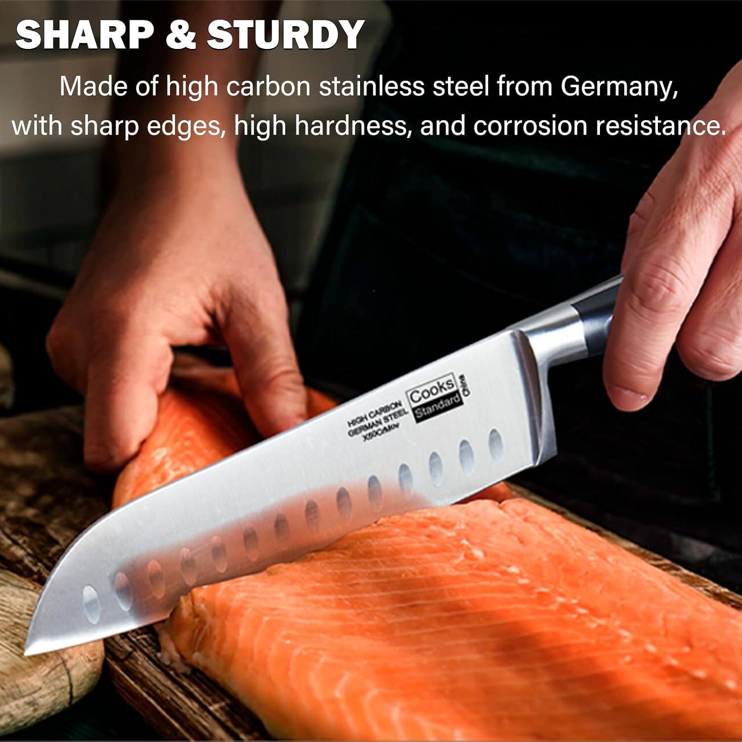 SHARP & STURDY  
Made of high carbon stainless steel from Germany, with sharp edges, high hardness, and corrosion resistance.