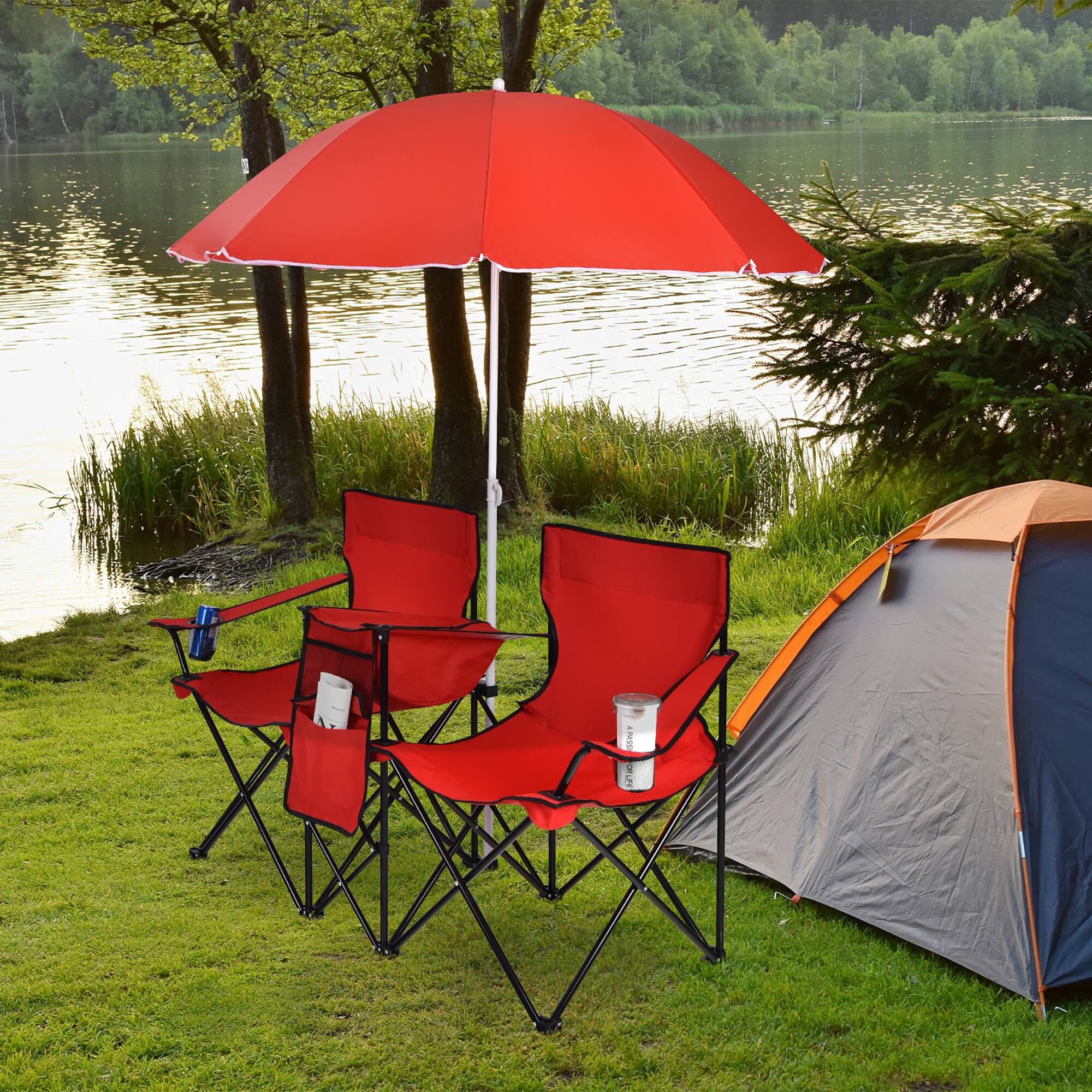 Angle. Costway - Portable Folding Picnic Double Chair W/Umbrella Table Cooler Beach Camping Red - Red.