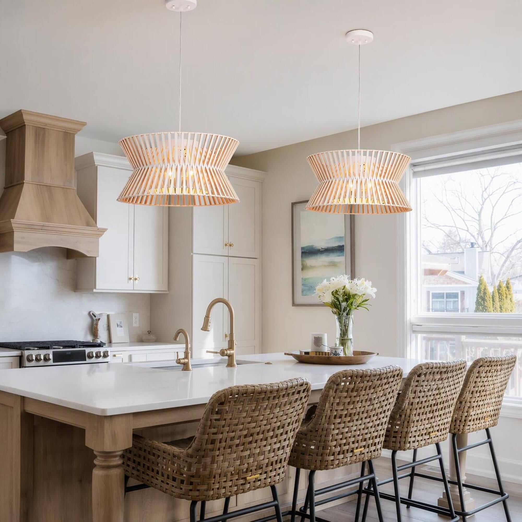 Left. RYHNUYNE - 17.7'' Antique White Wood Chandelier, 3-Light Farmhouse Pendant with Boho Wicker Shade - White.